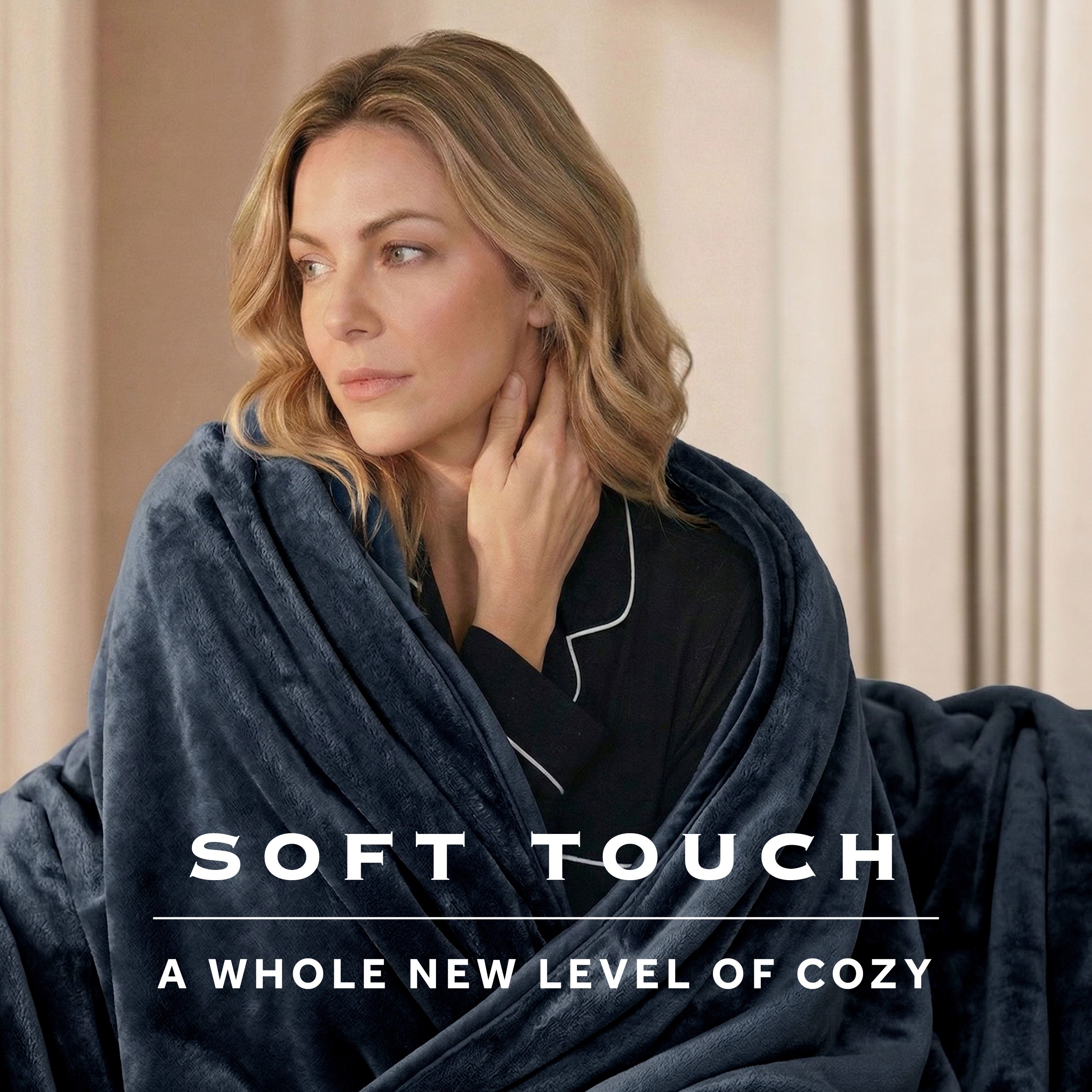 Sunbeam Heated Dark Navy Throw Luxe Plush Luxury Collection 4 Heat Settings 50x70
