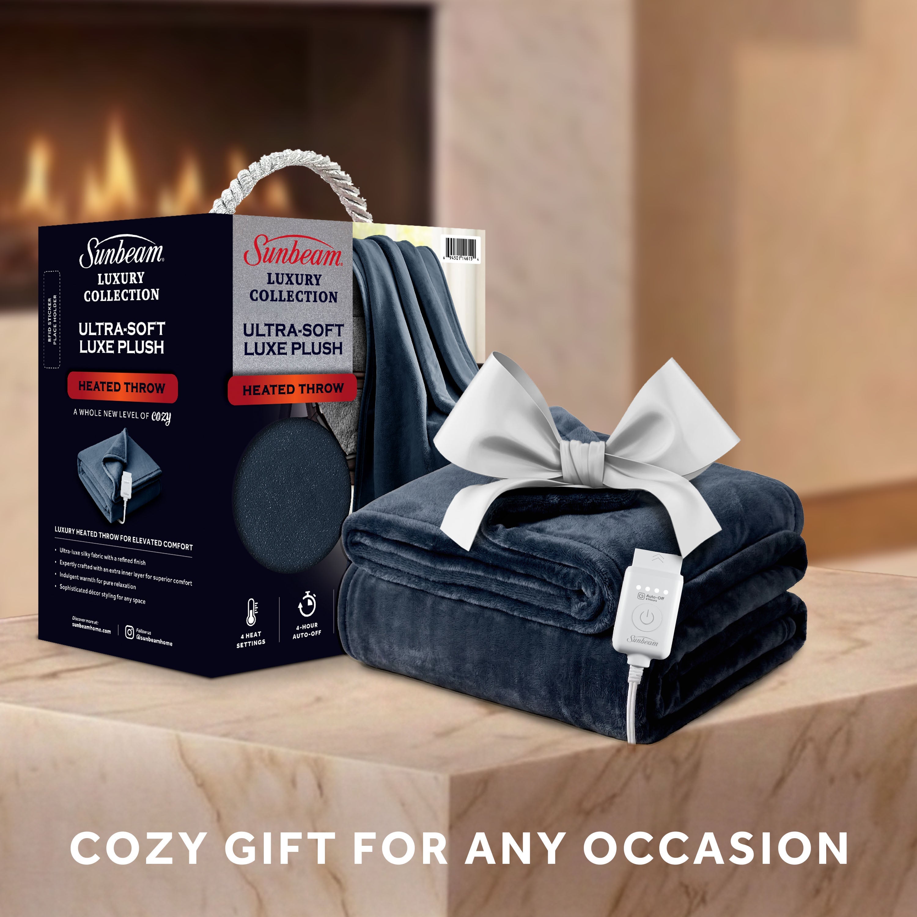 Sunbeam Heated Dark Navy Throw Luxe Plush Luxury Collection 4 Heat Settings 50x70