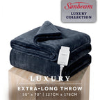 Sunbeam Heated Dark Navy Throw Luxe Plush Luxury Collection 4 Heat Settings 50x70
