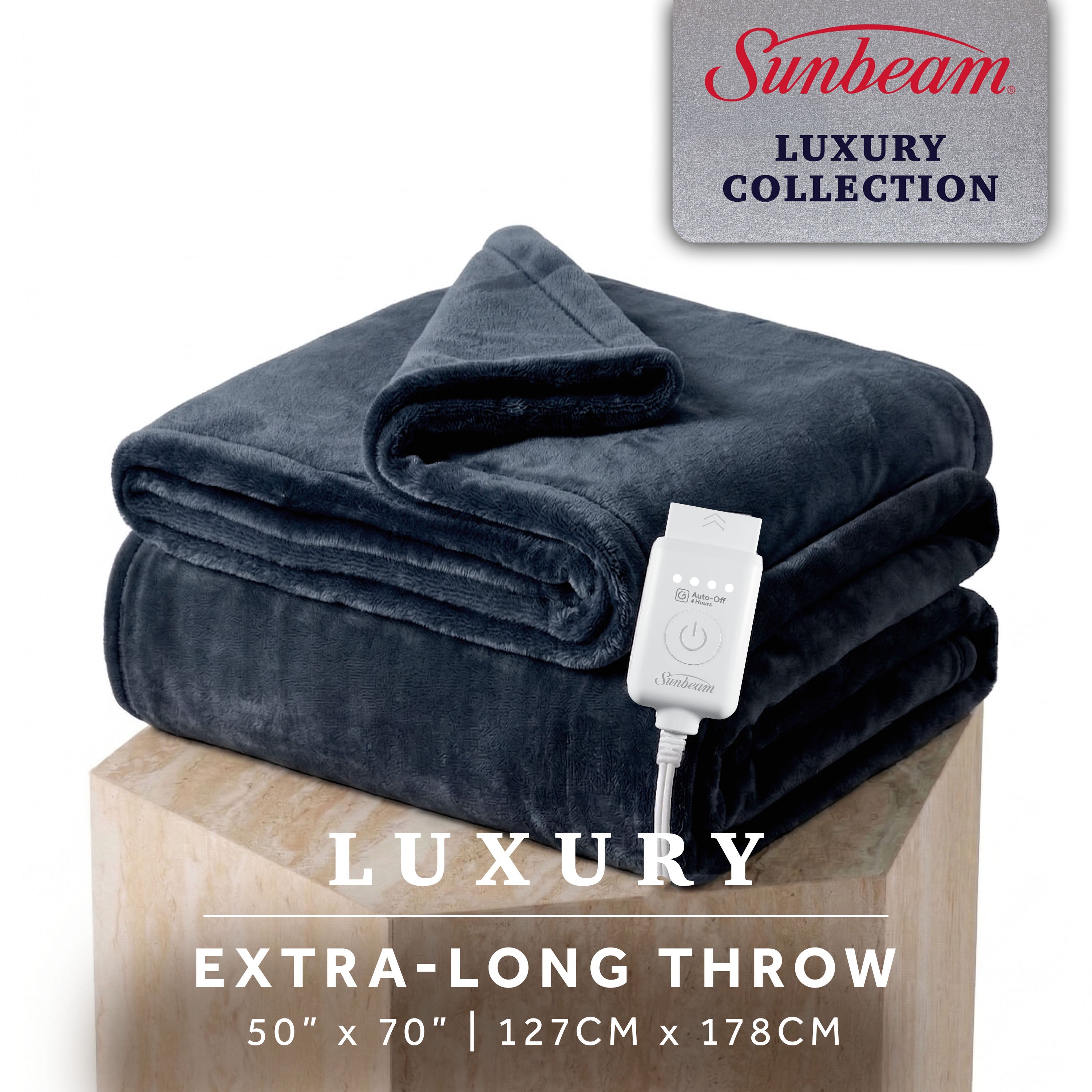 Sunbeam Heated Dark Navy Throw Luxe Plush Luxury Collection 4 Heat Settings 50x70