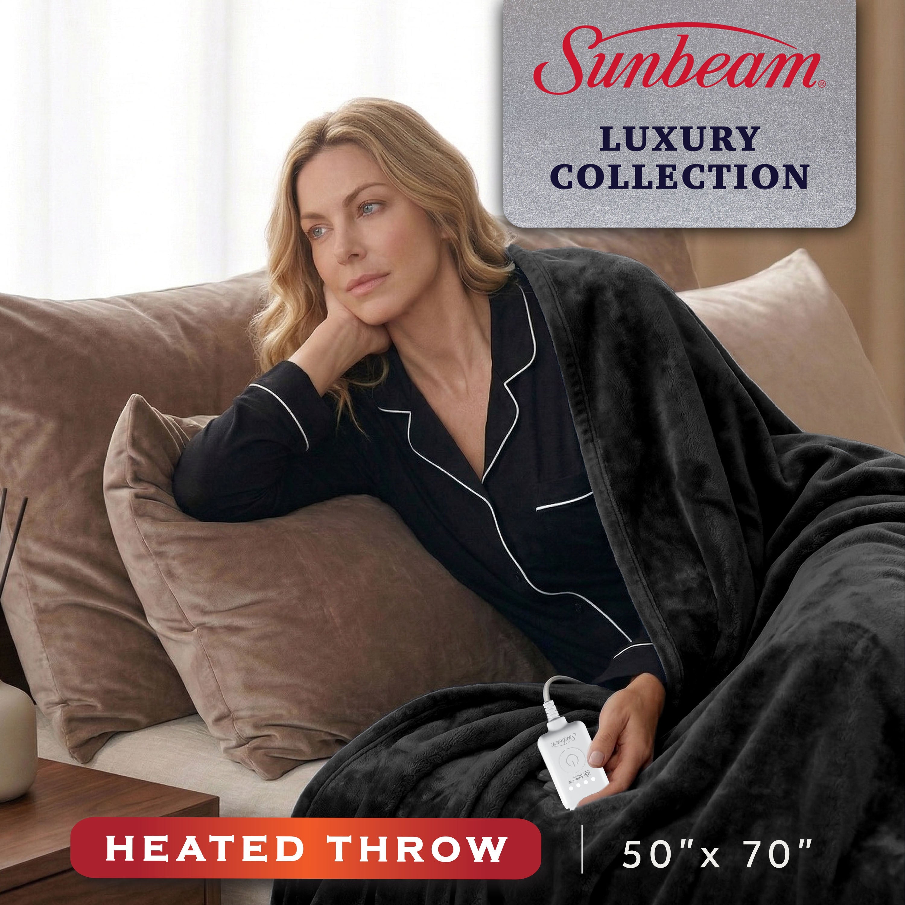 Sunbeam Heated Black Throw Luxe Plush Luxury Collection 4 Heat Settings 50x70