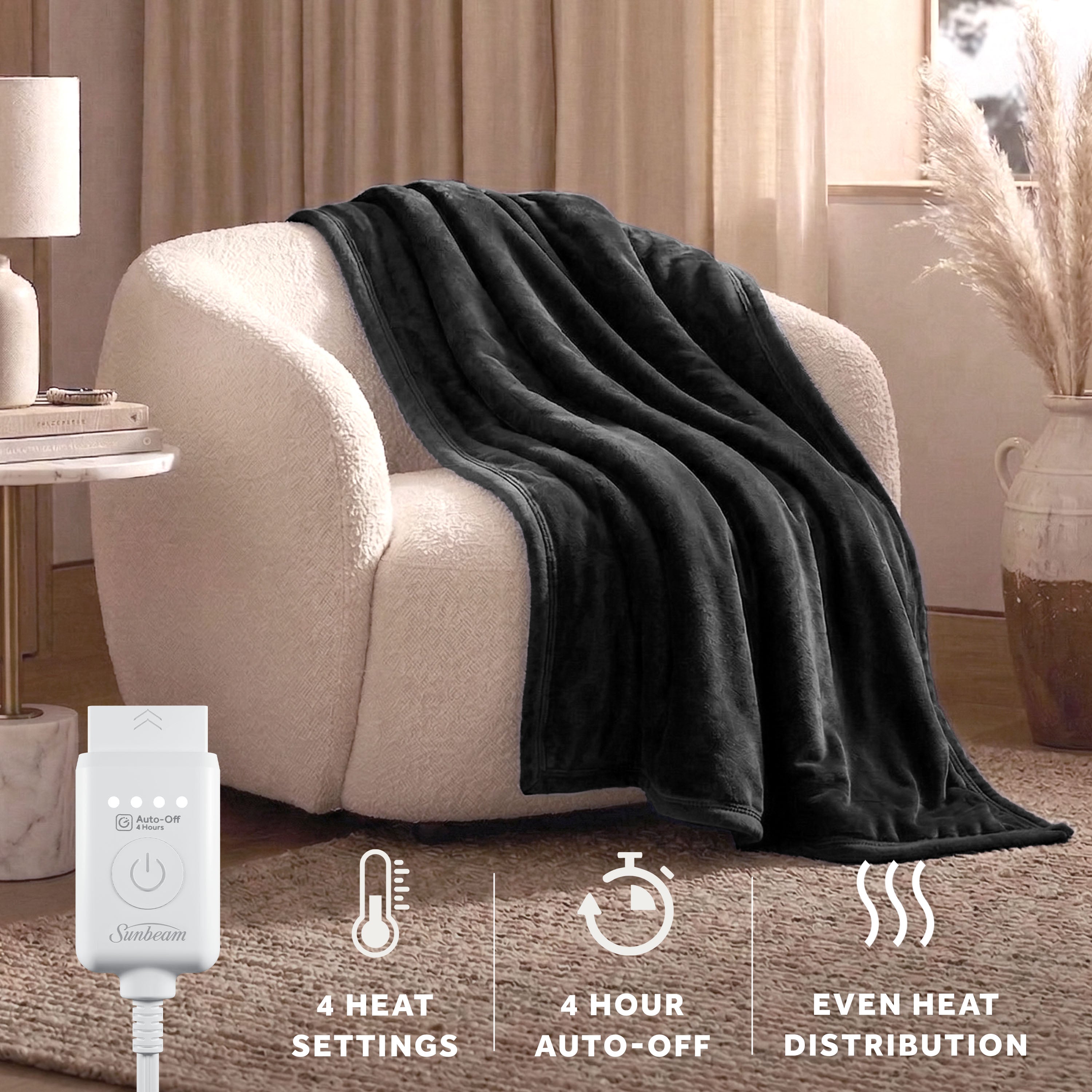 Sunbeam Heated Black Throw Luxe Plush Luxury Collection 4 Heat Settings 50x70