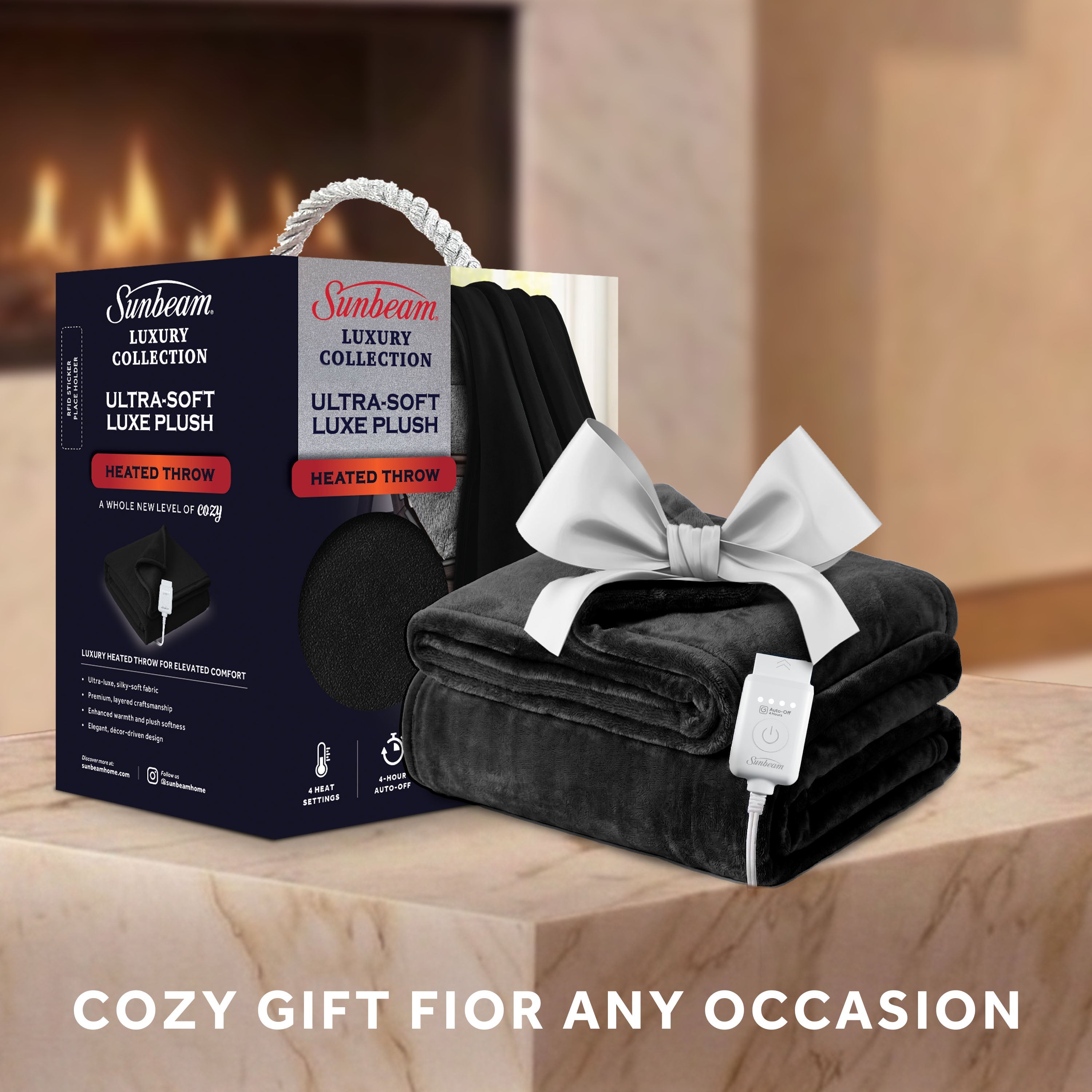 Sunbeam Heated Black Throw Luxe Plush Luxury Collection 4 Heat Settings 50x70