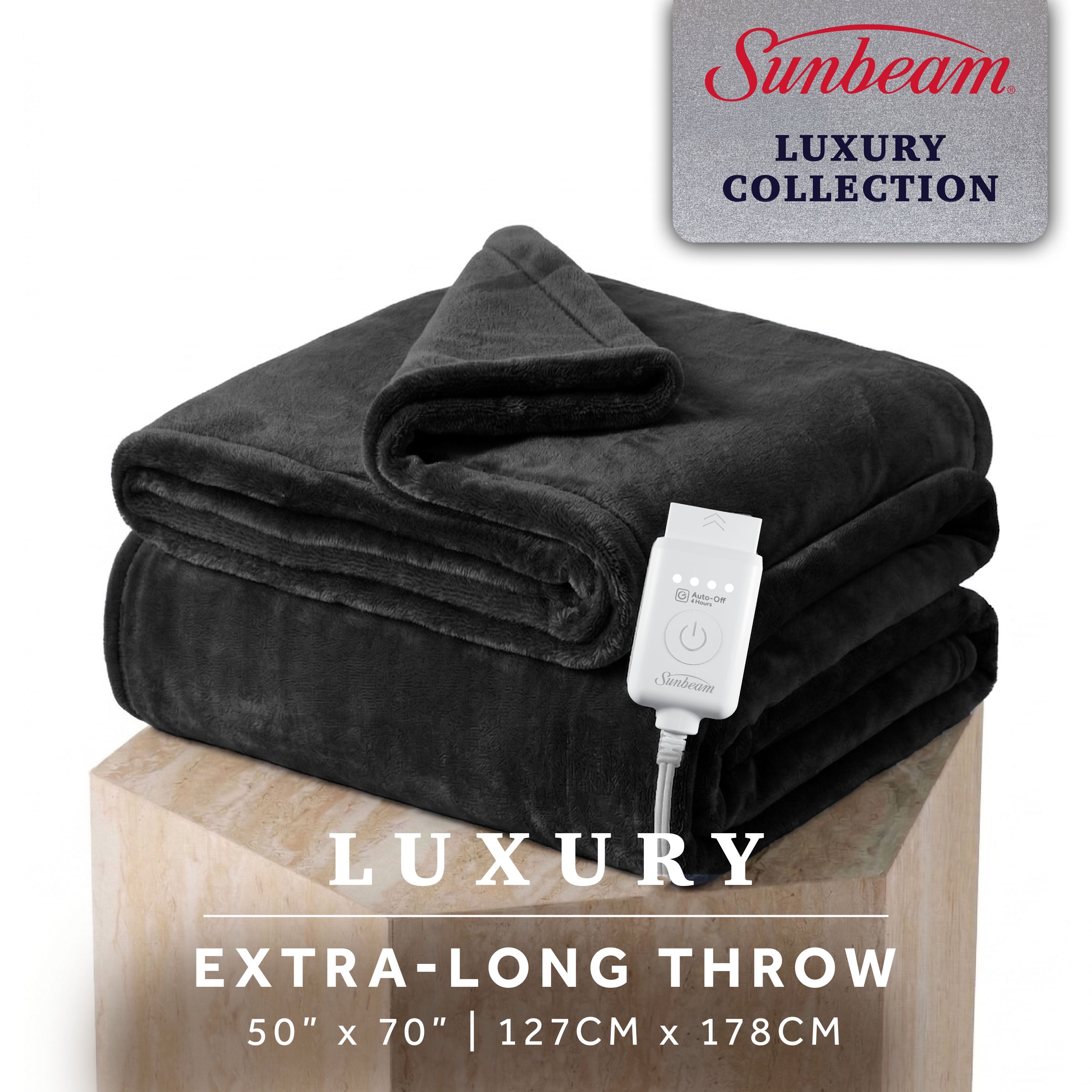 Sunbeam Heated Black Throw Luxe Plush Luxury Collection 4 Heat Settings 50x70