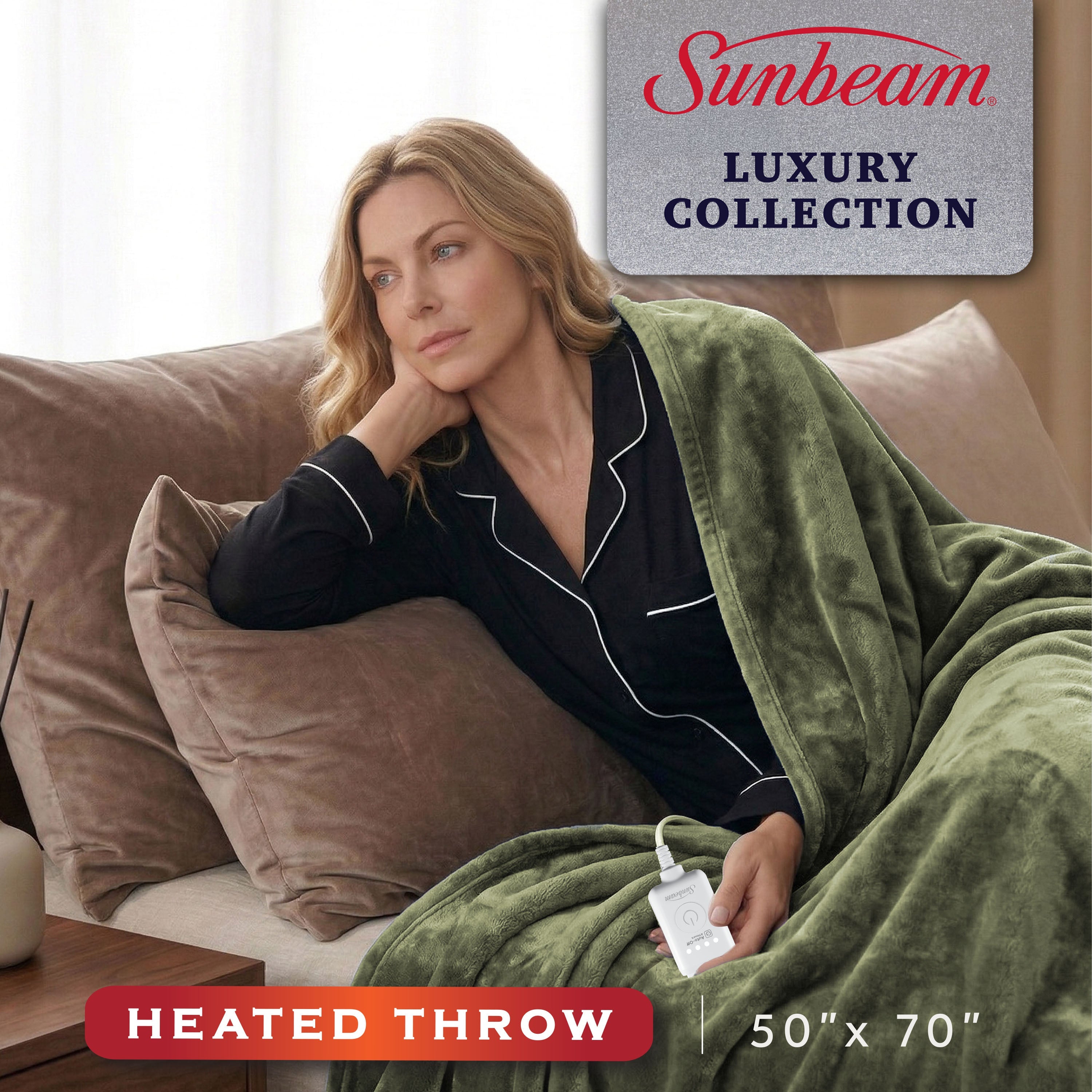 Sunbeam Heated Sage Throw Luxe Plush Luxury Collection 4 Heat Settings 50x70