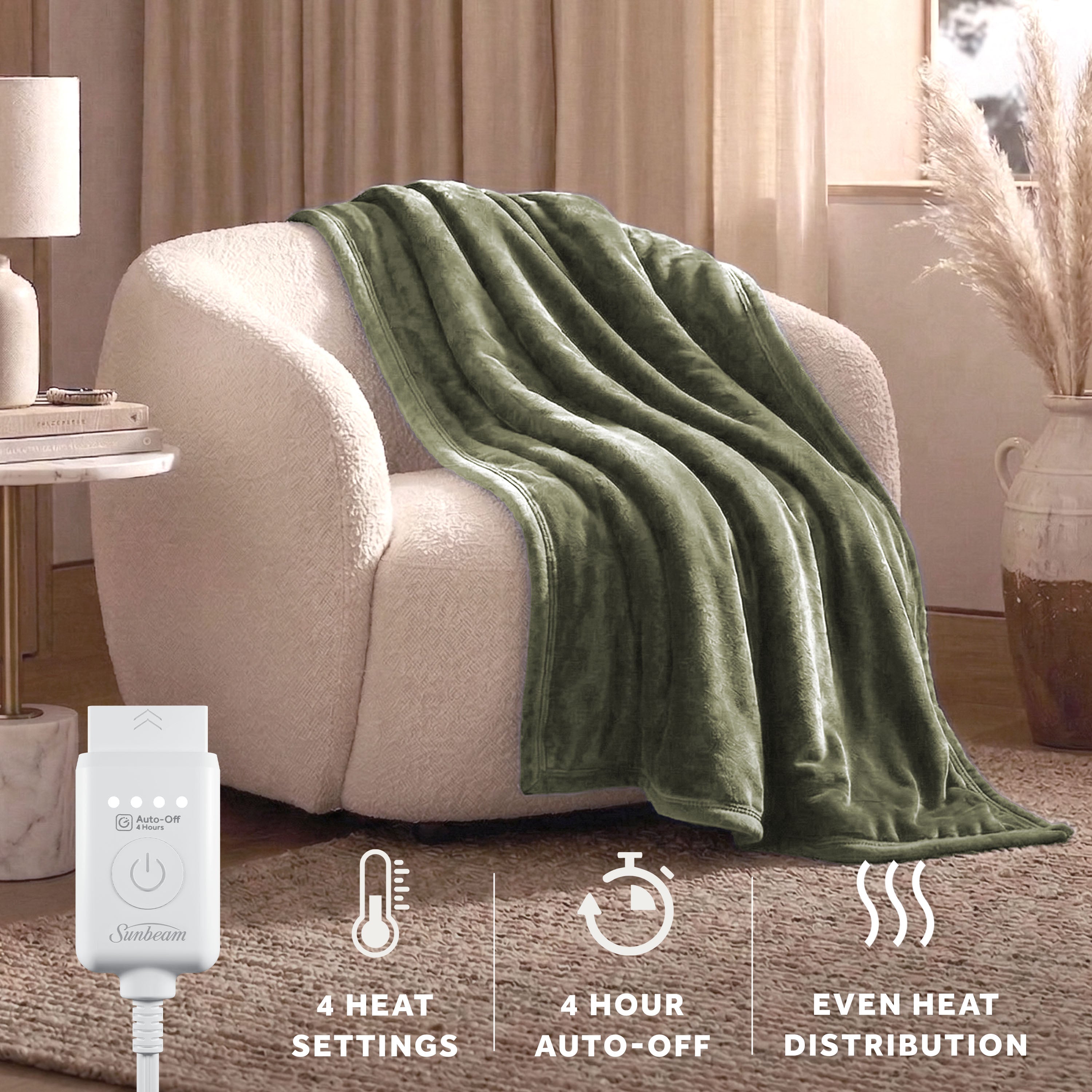 Sunbeam Heated Sage Throw Luxe Plush Luxury Collection 4 Heat Settings 50x70