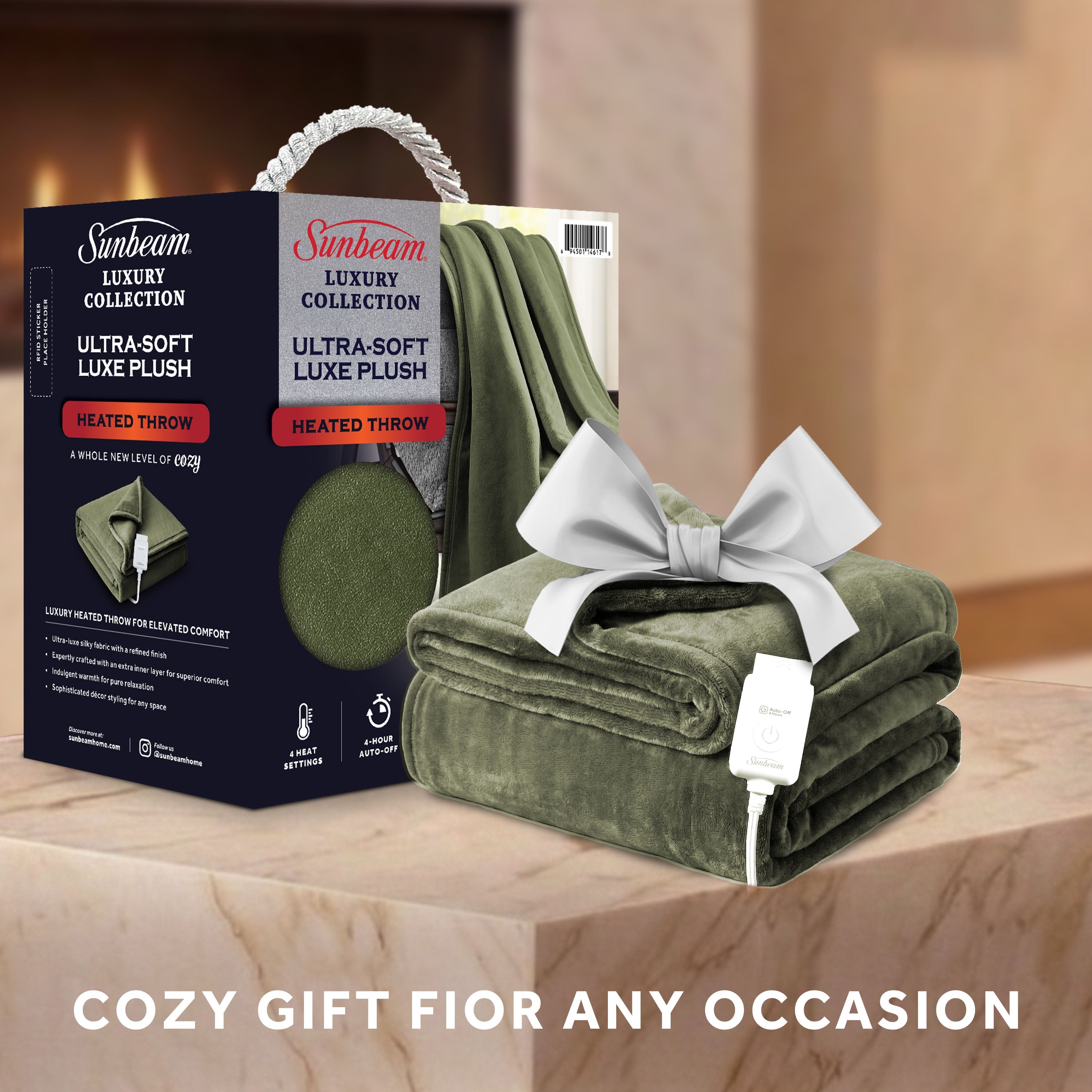 Sunbeam Heated Sage Throw Luxe Plush Luxury Collection 4 Heat Settings 50x70