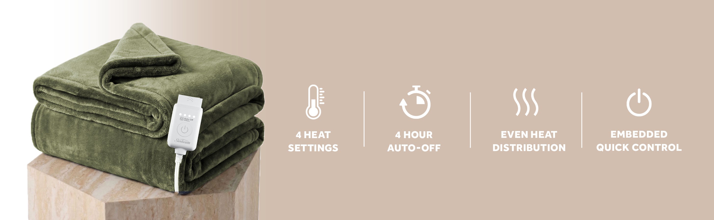 Sunbeam Heated Sage Throw Luxe Plush Luxury Collection 4 Heat Settings 50x70