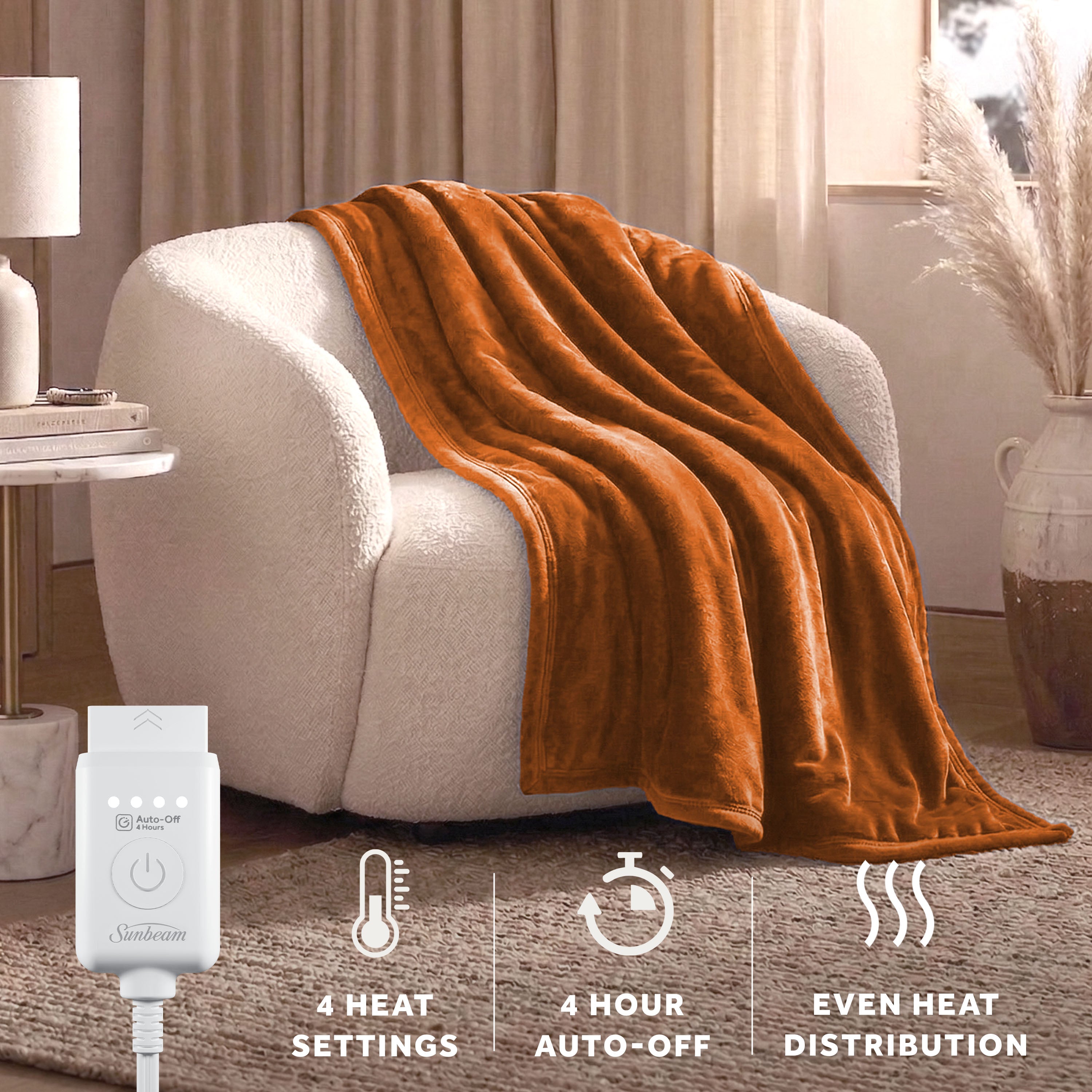 Sunbeam Heated Gingerbread Throw Luxe Plush Luxury Collection 4 Heat Settings 50x70
