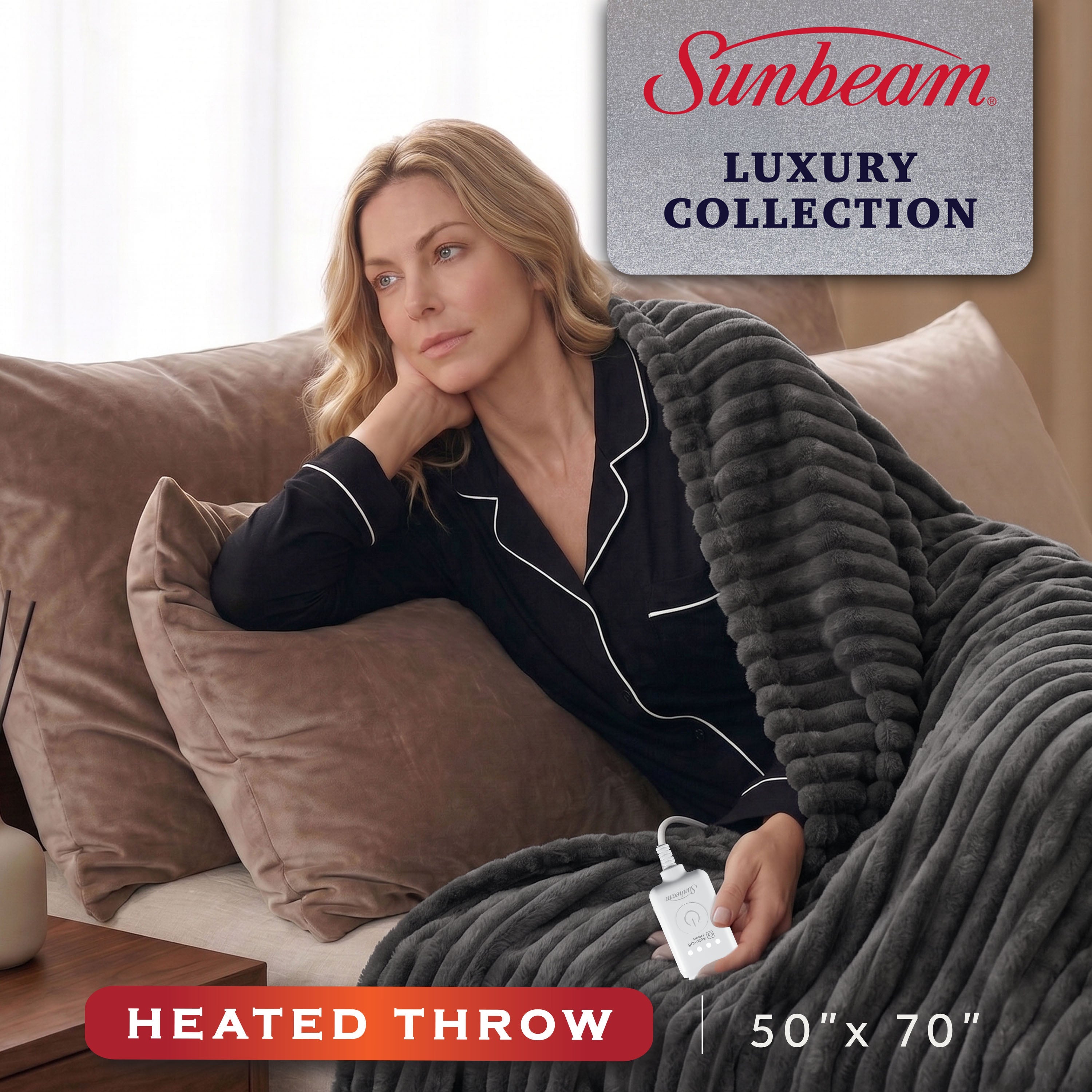 Sunbeam Heated Greystone Throw Channeled Faux Fur 4 Heat Settings 50x70