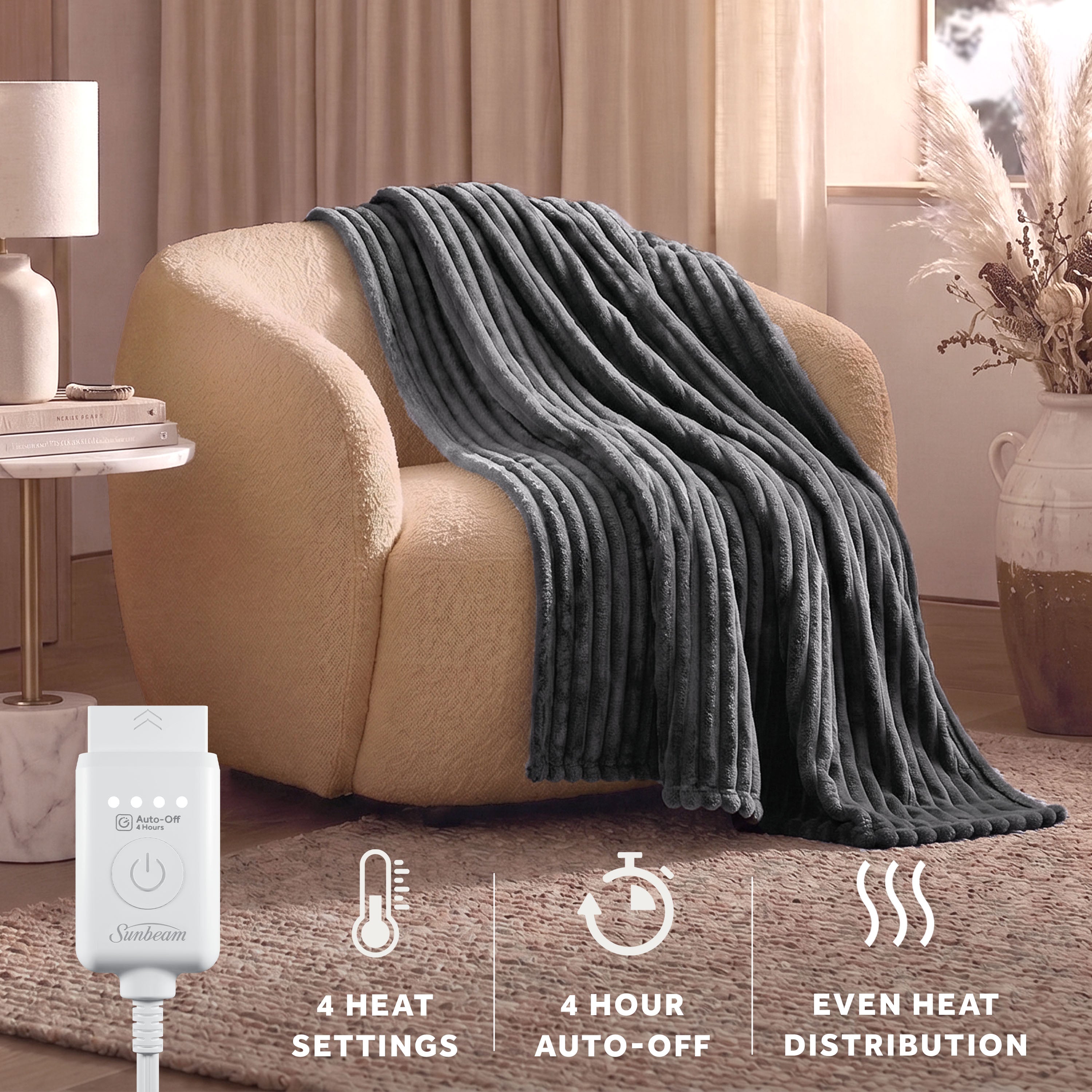 Sunbeam Heated Greystone Throw Channeled Faux Fur 4 Heat Settings 50x70