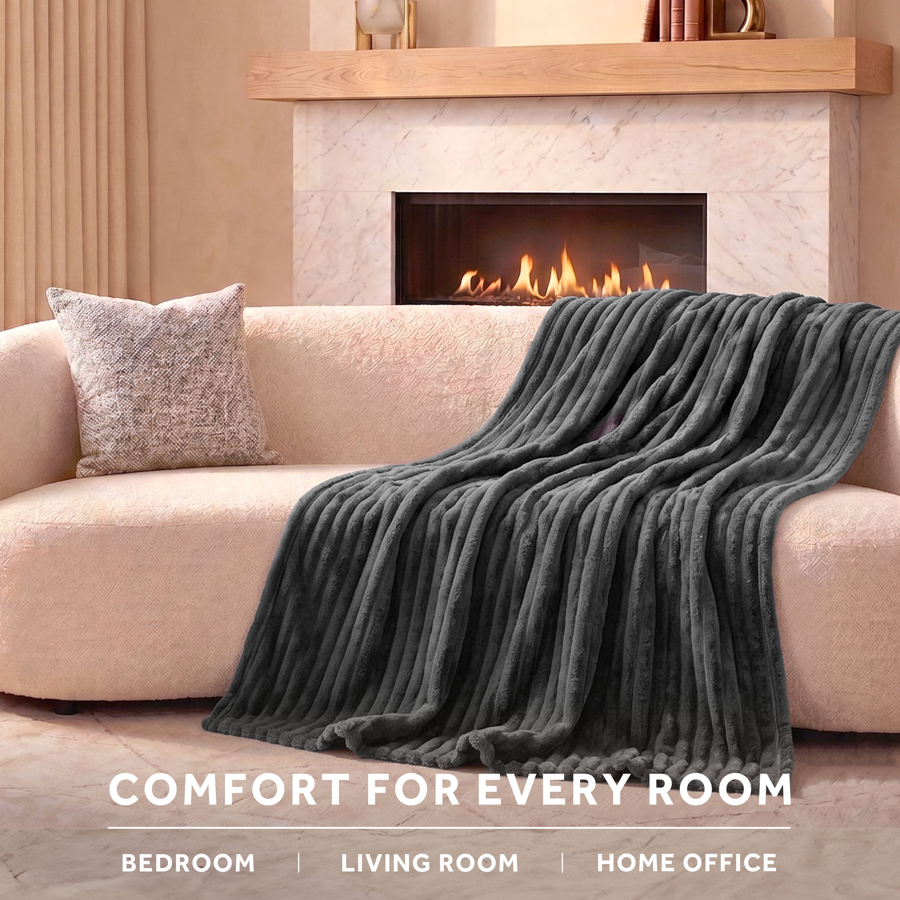 Sunbeam Heated Greystone Throw Channeled Faux Fur 4 Heat Settings 50x70