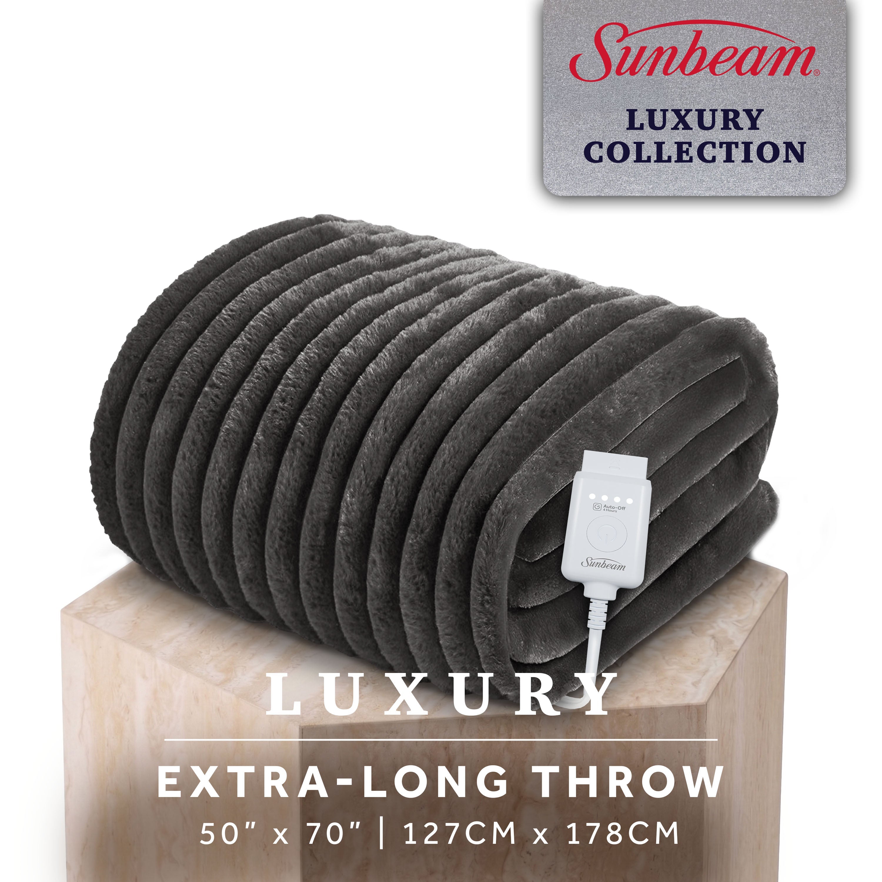Sunbeam Heated Greystone Throw Channeled Faux Fur 4 Heat Settings 50x70