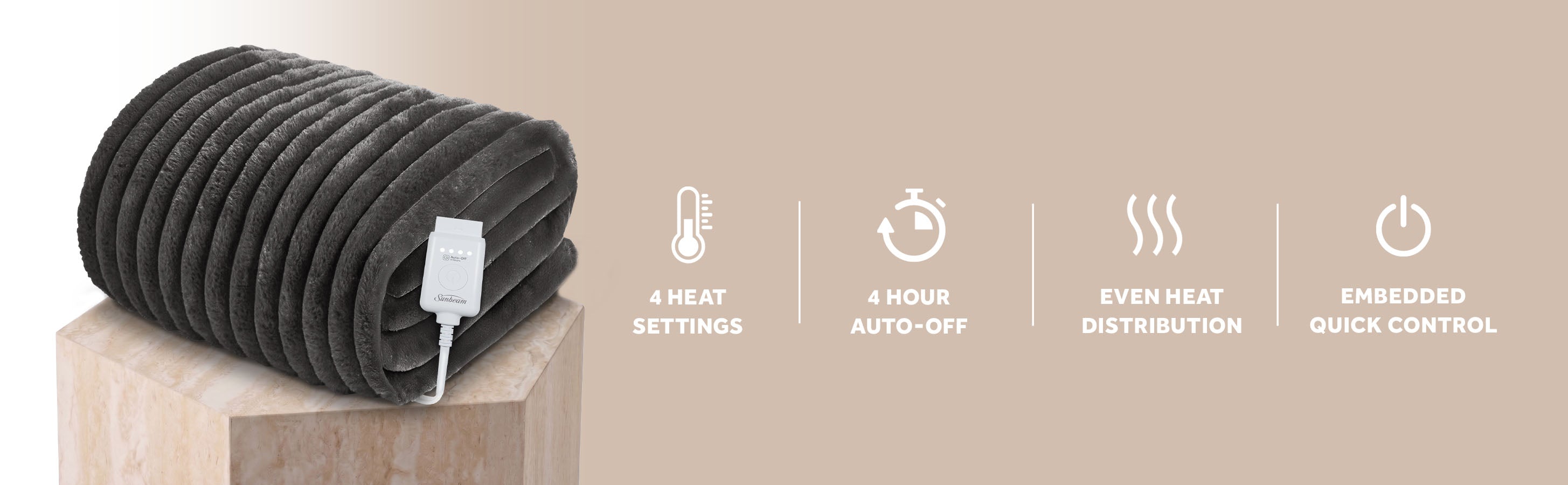 Sunbeam Heated Greystone Throw Channeled Faux Fur 4 Heat Settings 50x70