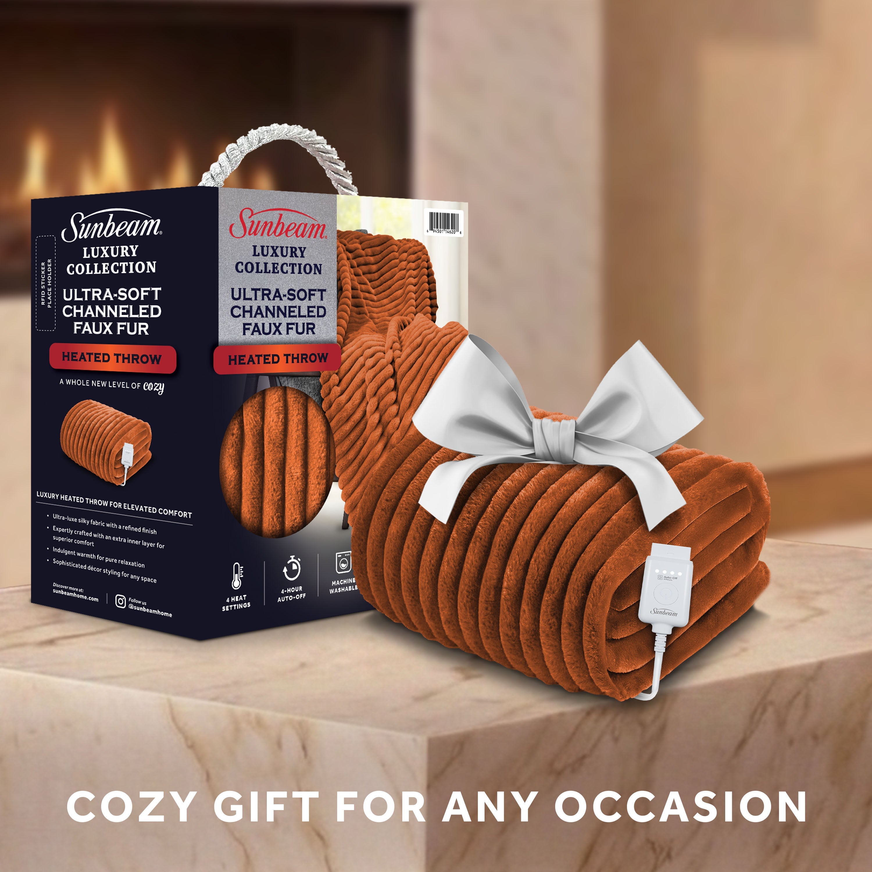 Sunbeam Heated Gingerbread Throw Channeled Faux Fur 4 Heat Settings 50x70