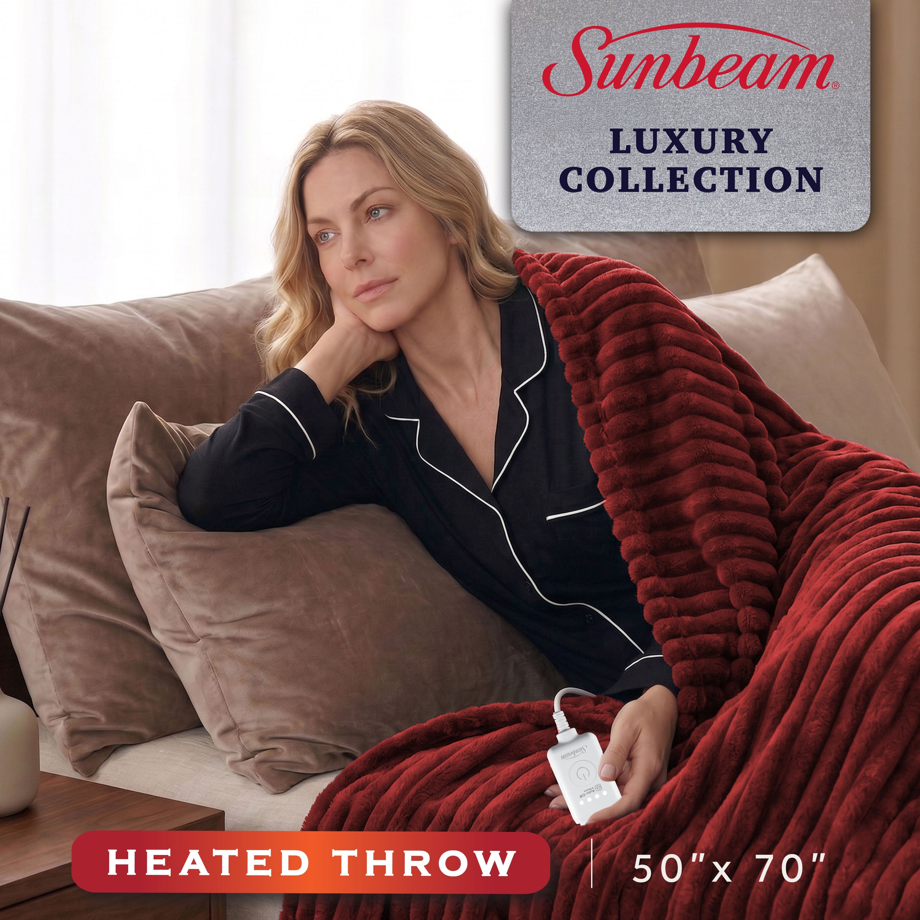 Sunbeam Heated Maroon Throw Channeled Faux Fur 4 Heat Settings 50x70