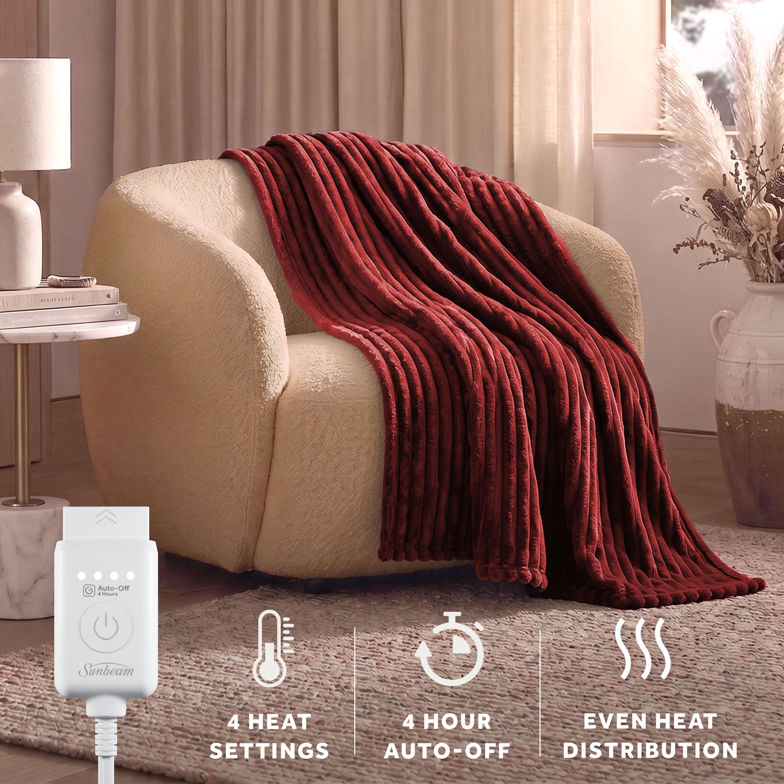 Sunbeam Heated Maroon Throw Channeled Faux Fur 4 Heat Settings 50x70