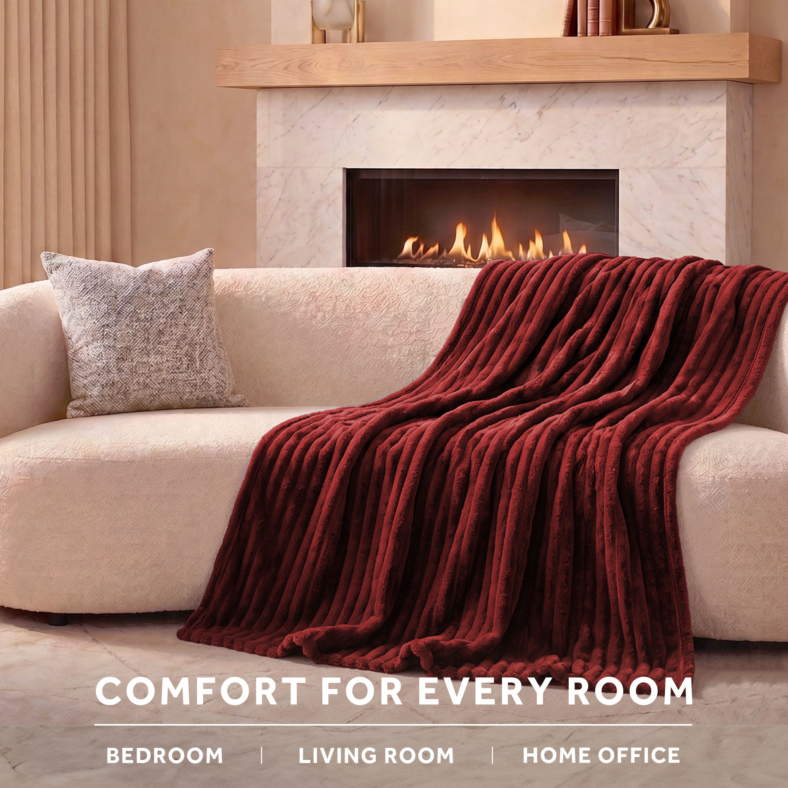 Sunbeam Heated Maroon Throw Channeled Faux Fur 4 Heat Settings 50x70