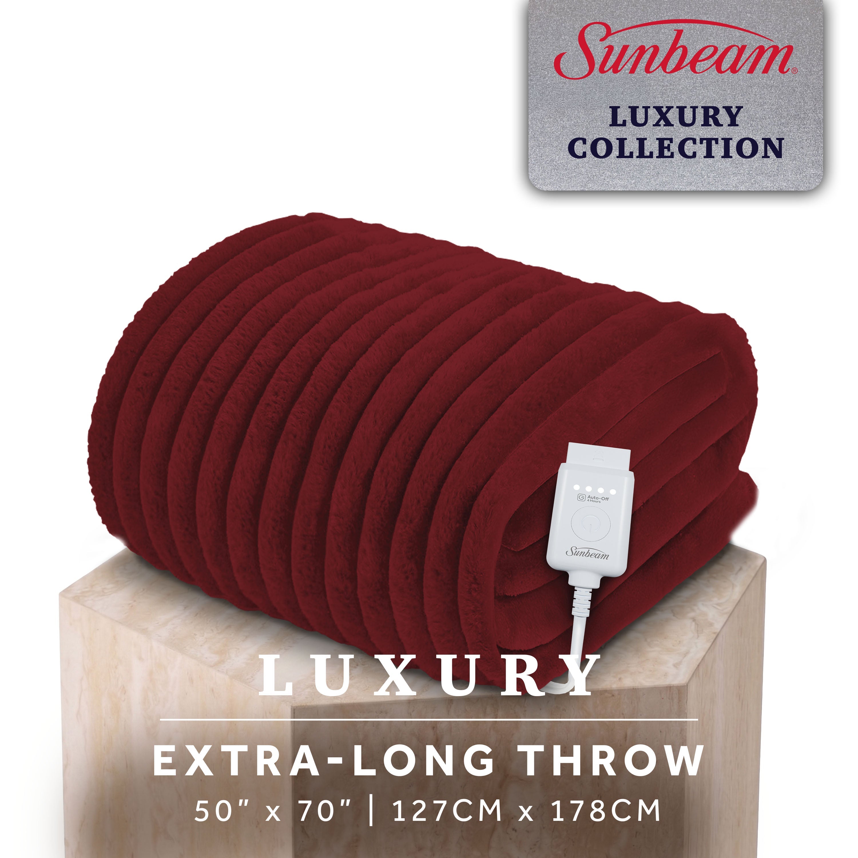 Sunbeam Heated Maroon Throw Channeled Faux Fur 4 Heat Settings 50x70