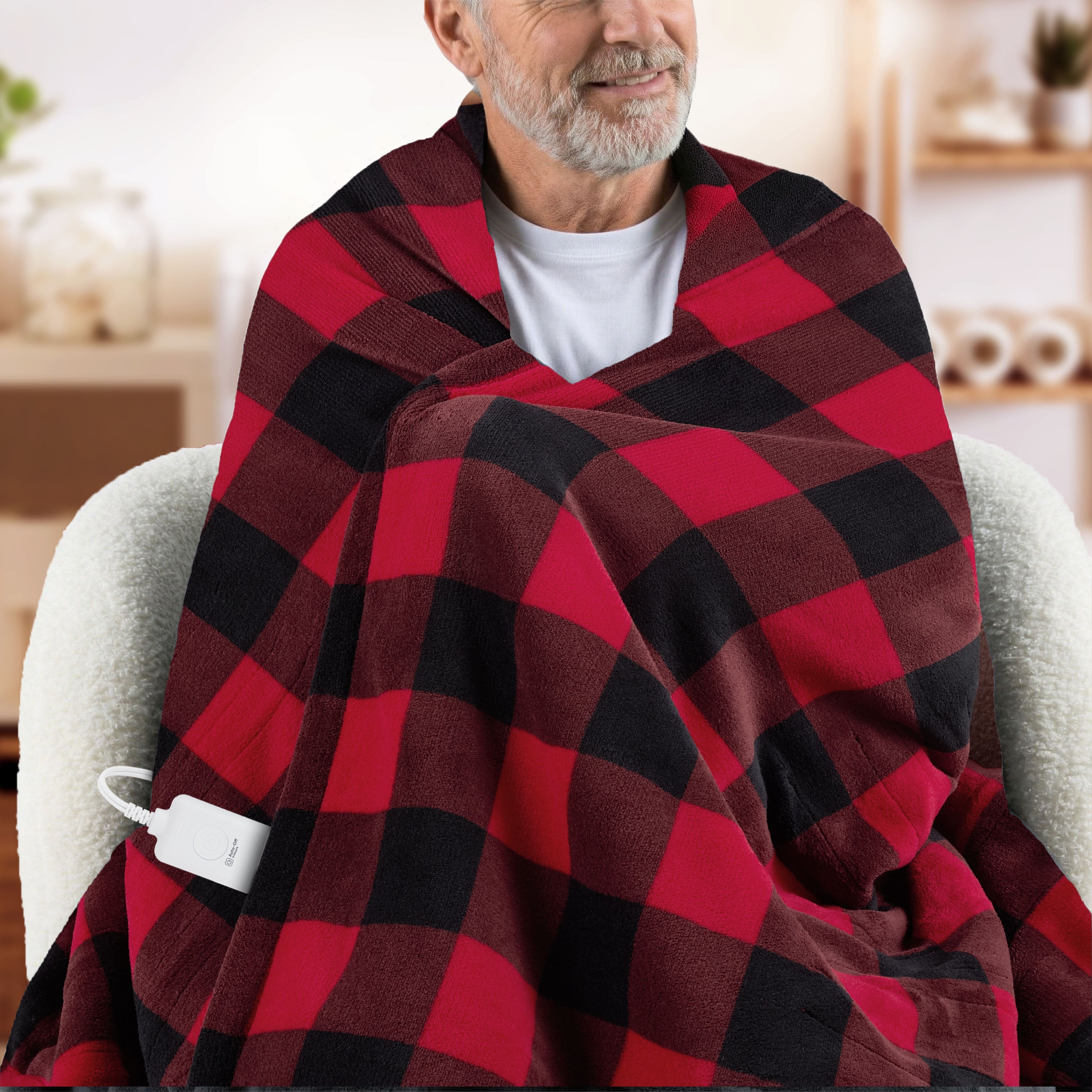 Sunbeam Heated Red Black Buffalo Throw Blanket Microplush 4 Heat Settings 50x70