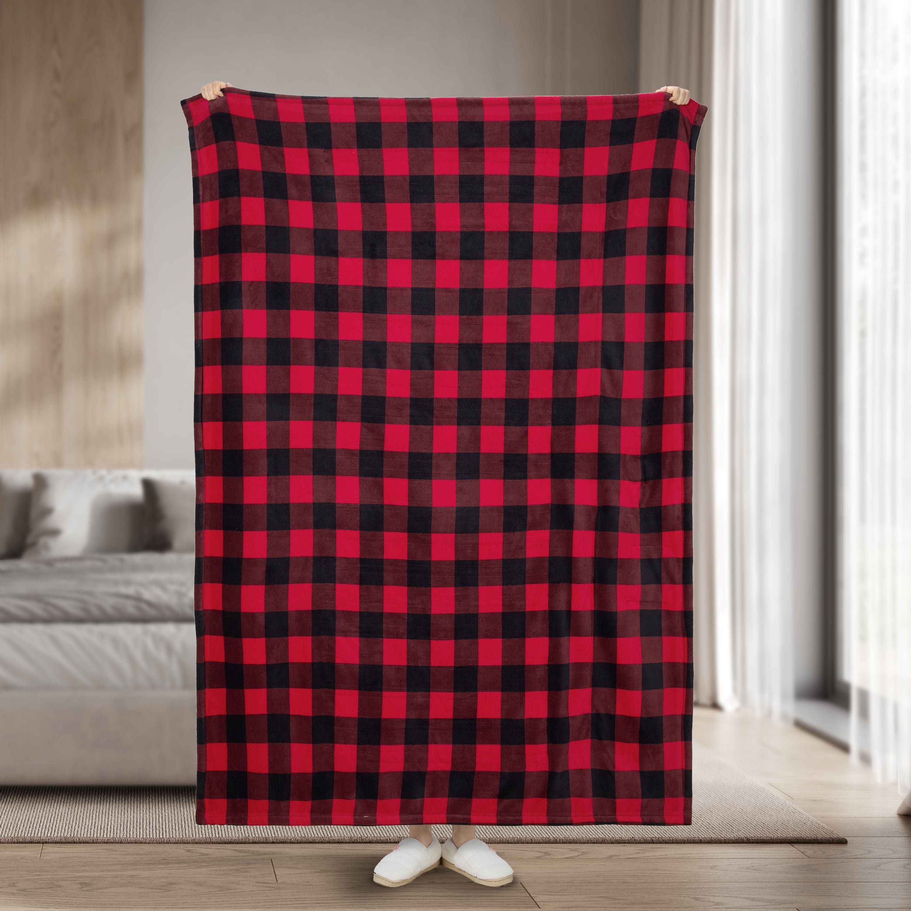 Sunbeam Heated Red Black Buffalo Throw Blanket Microplush 4 Heat Settings 50x70