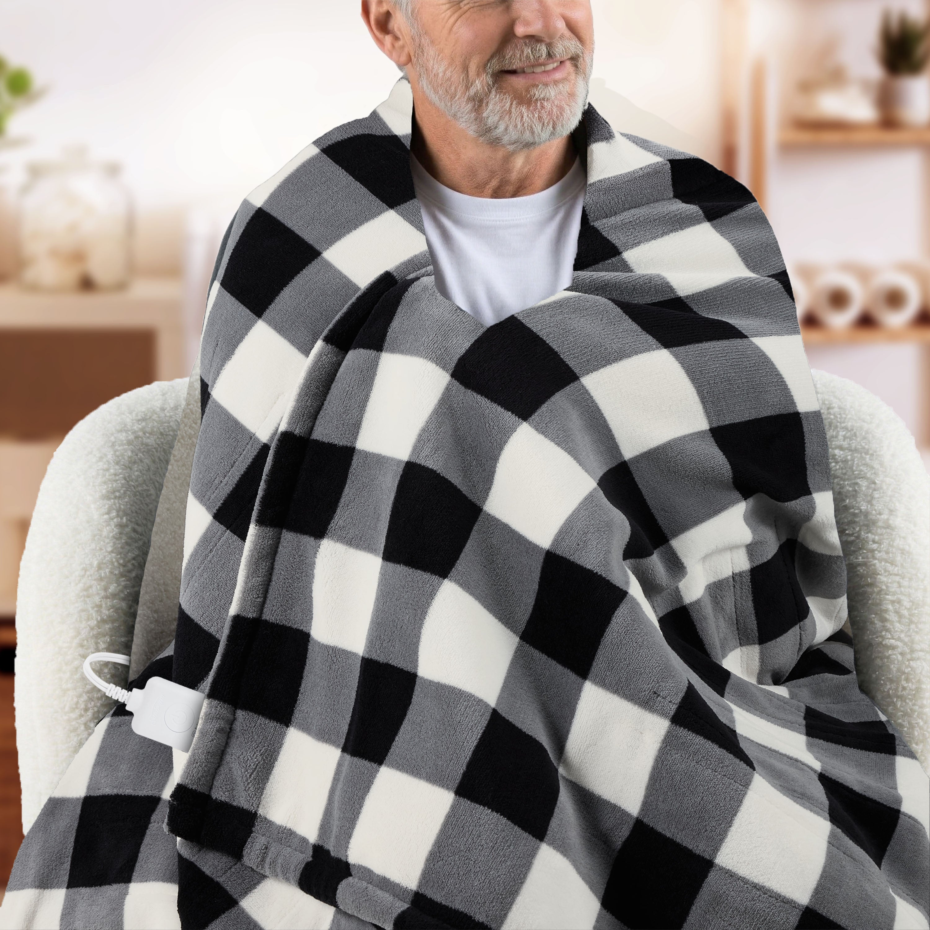Sunbeam Heated Black White Buffalo Throw Blanket Microplush 4 Heat Settings 50x70