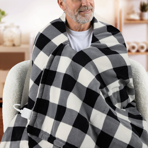 Sunbeam Heated Black White Buffalo Throw Blanket Microplush 4 Heat Settings 50x70
