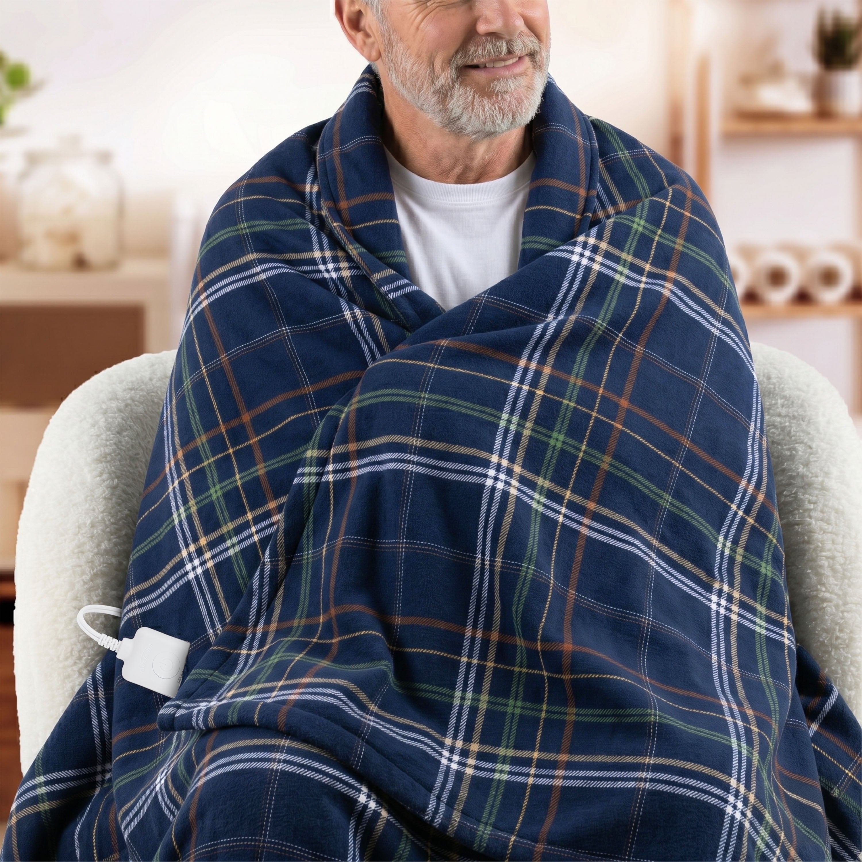 Sunbeam Heated Midnight Blue Belfast Plaid Throw Blanket Microplush 4 Heat 50x70