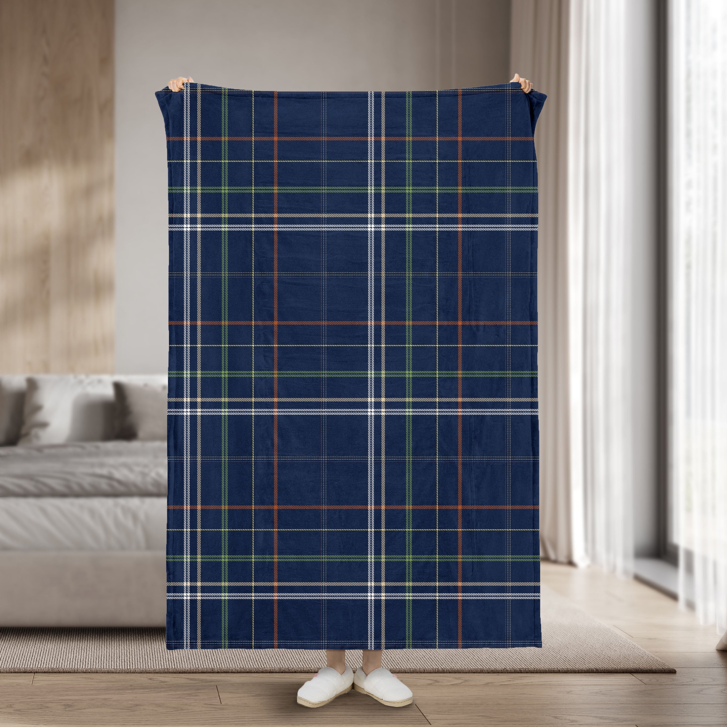 Sunbeam Heated Midnight Blue Belfast Plaid Throw Blanket Microplush 4 Heat 50x70