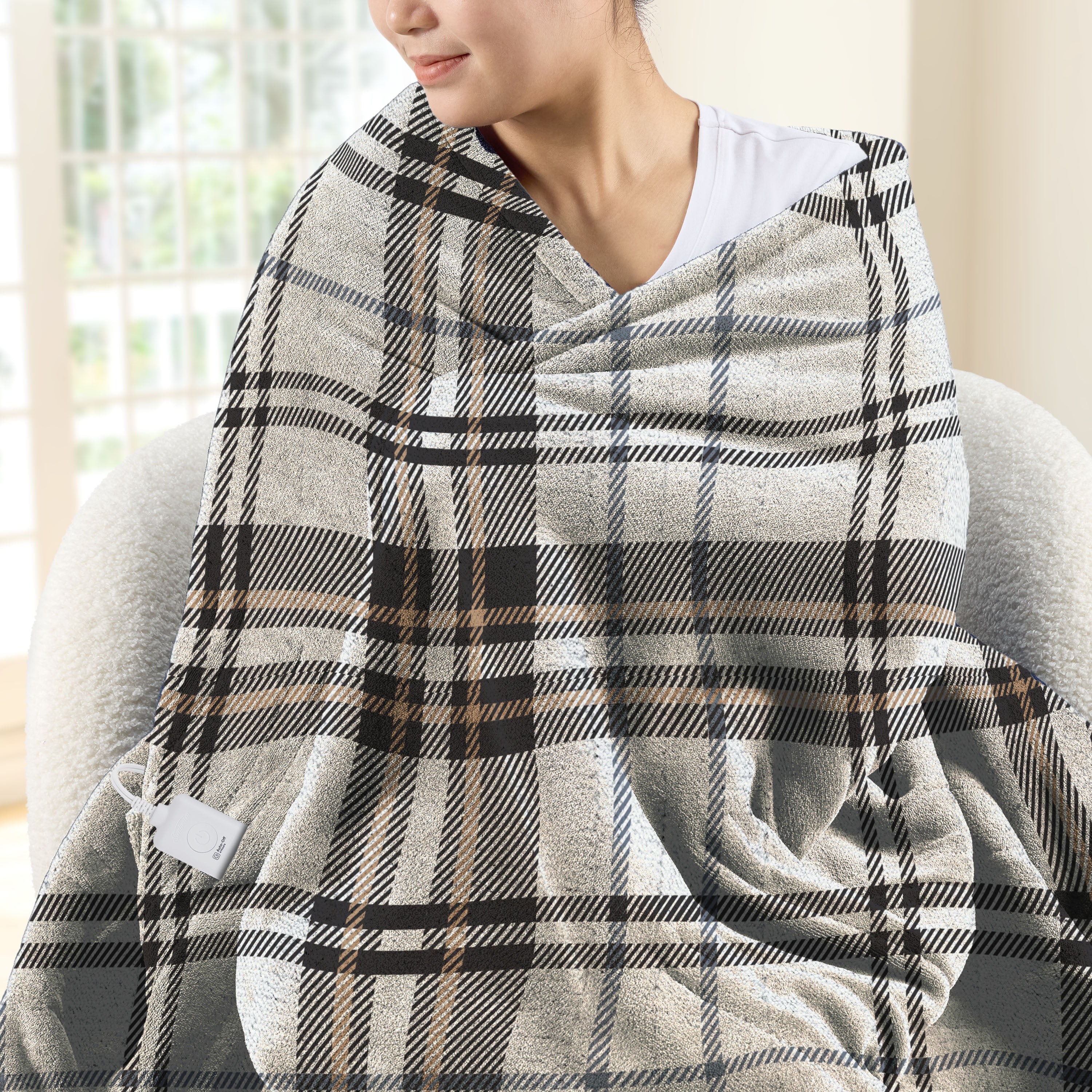 Sunbeam Heated Black Plaid Throw Microplush Faux Shearling 4 Heat 50x70