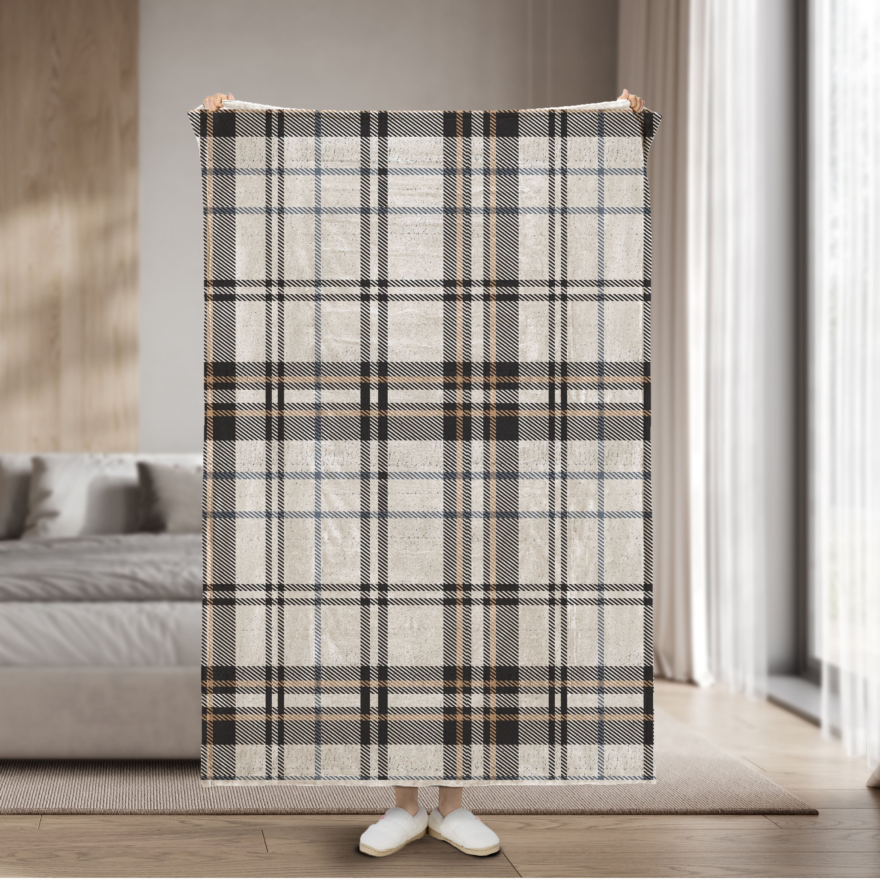 Sunbeam Heated Black Plaid Throw Microplush Faux Shearling 4 Heat 50x70