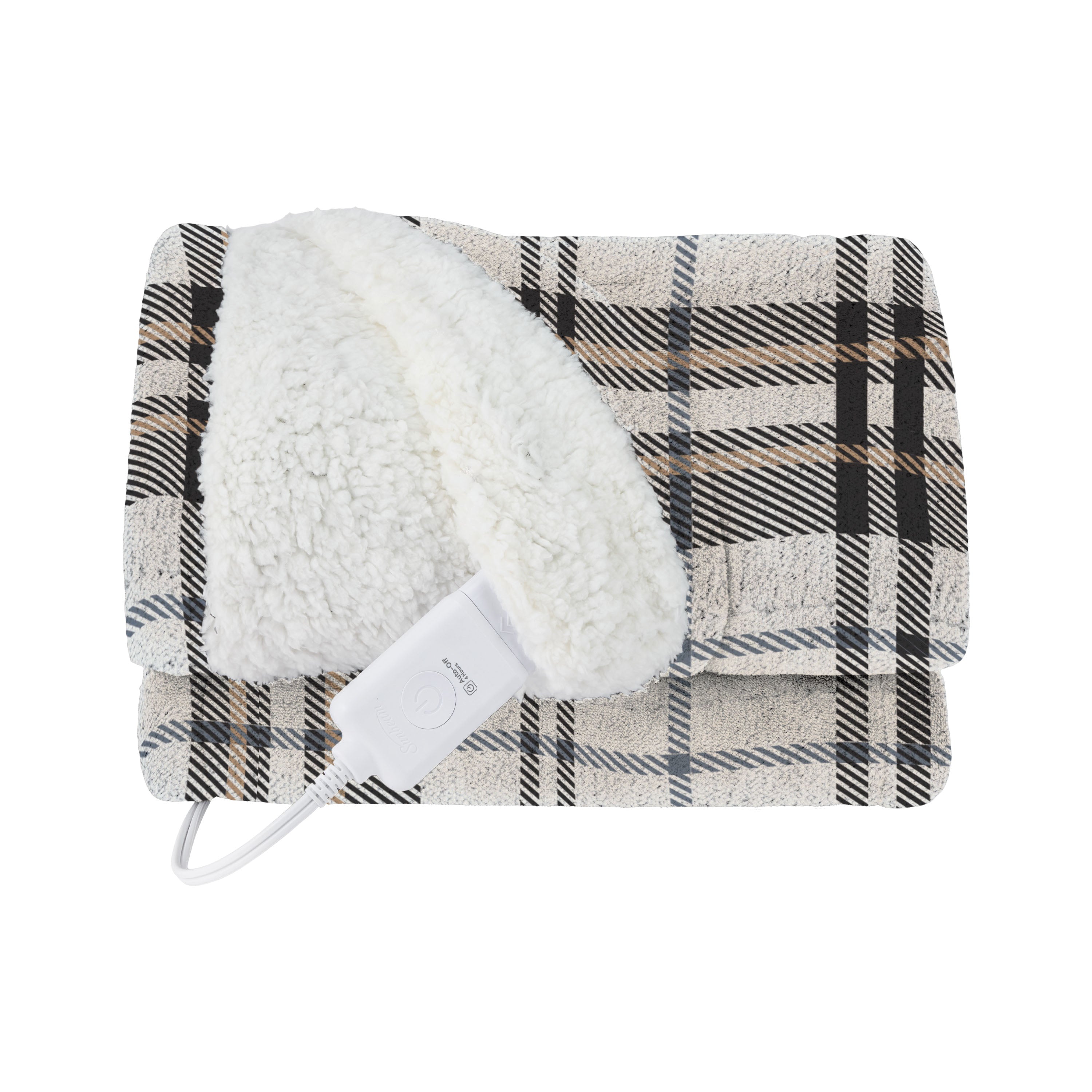 Sunbeam Heated Black Plaid Throw Microplush Faux Shearling 4 Heat 50x70