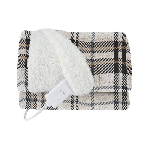 Sunbeam Heated Black Plaid Throw Microplush Faux Shearling 4 Heat 50x70
