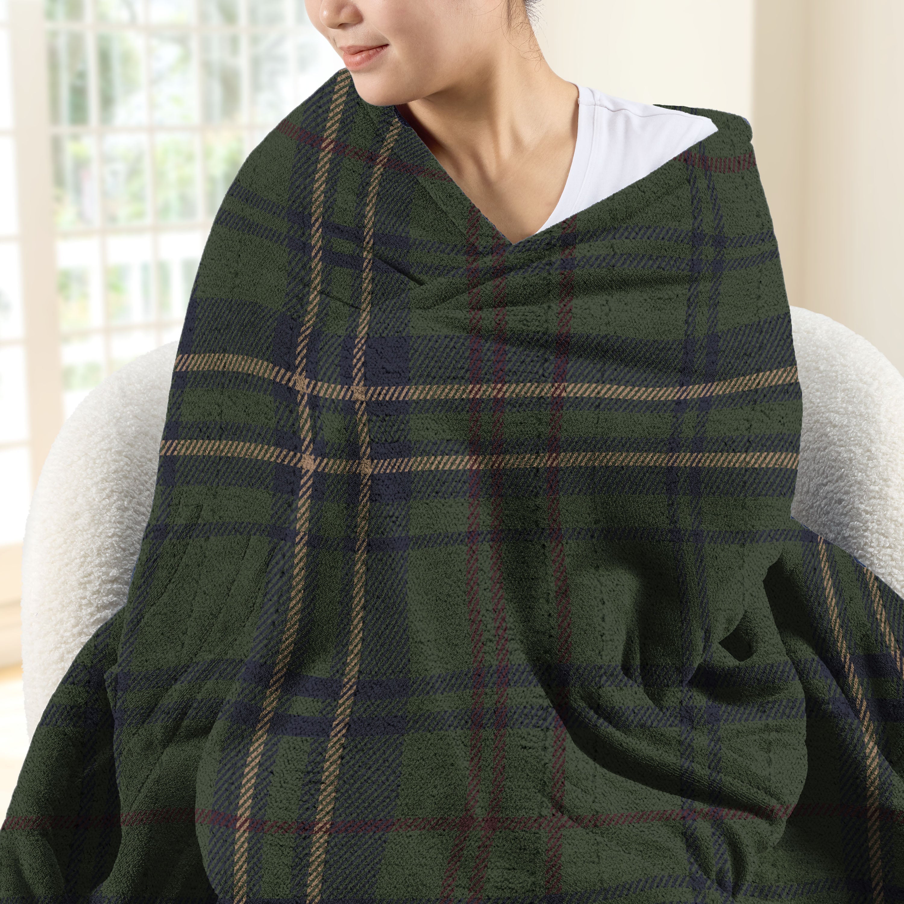 Sunbeam Heated Olive Plaid Throw Blanket Microplush Faux Shearling 4 Heat 50x70