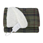 Sunbeam Heated Olive Plaid Throw Blanket Microplush Faux Shearling 4 Heat 50x70