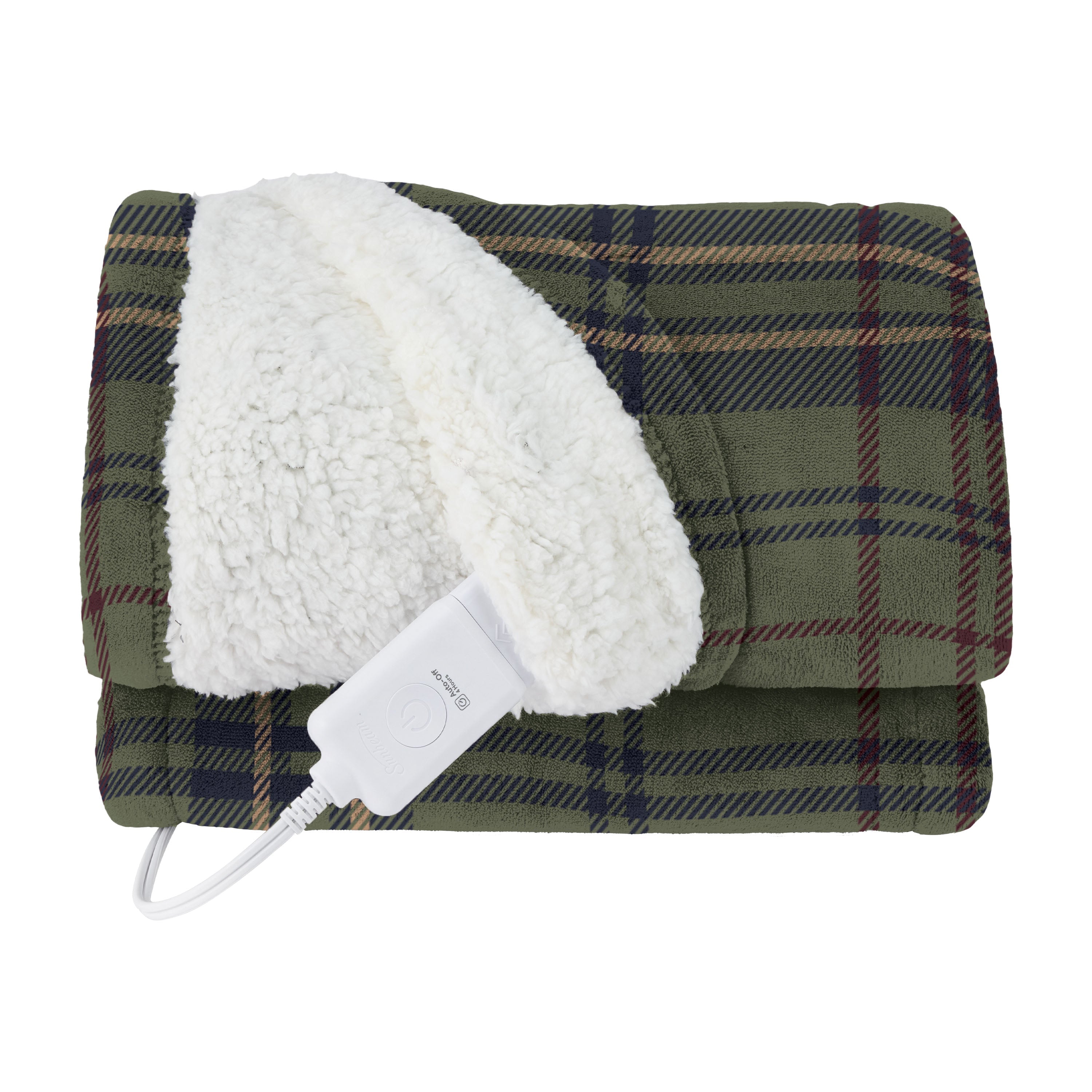 Sunbeam Heated Olive Plaid Throw Blanket Microplush Faux Shearling 4 Heat 50x70