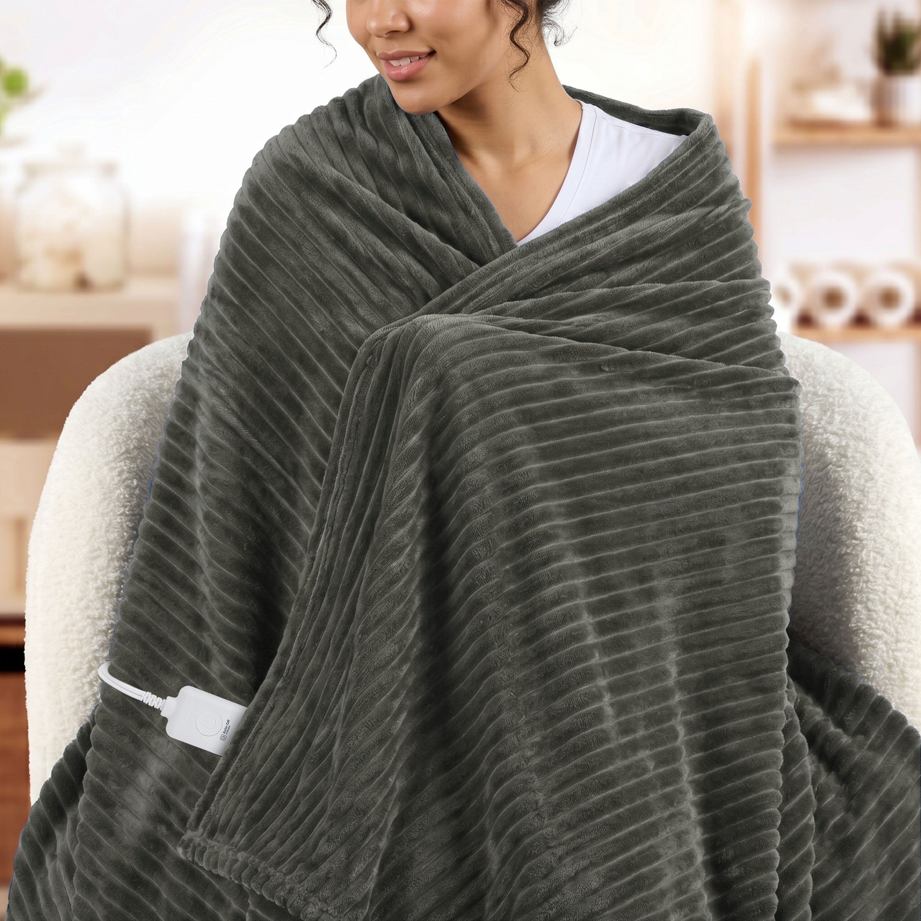Sunbeam Heated Brushed Nickel Throw Blanket Textured Velvet 4 Heat 50x70