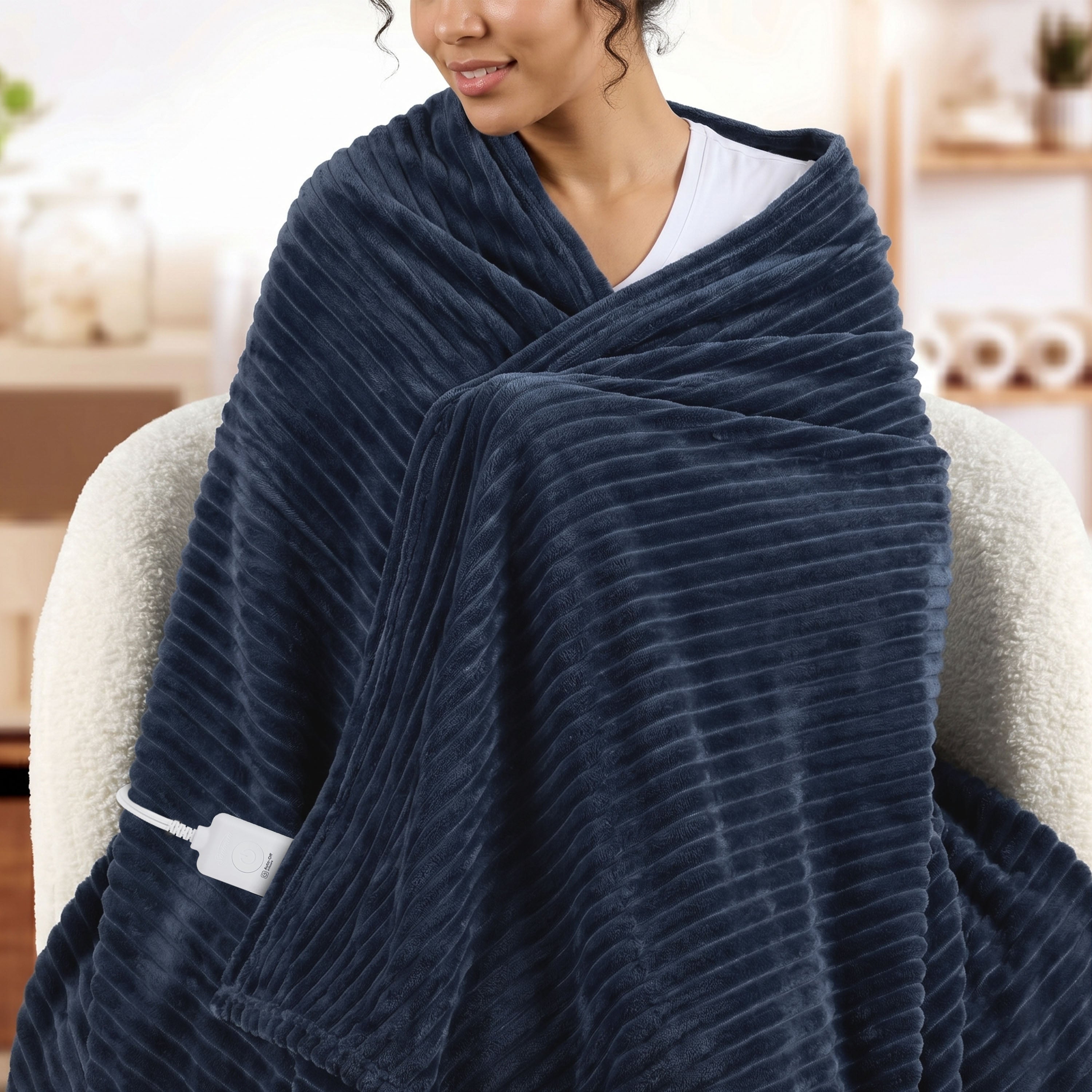 Sunbeam Heated Big Blue Throw Blanket Textured Velvet 4 Heat Settings 50x70