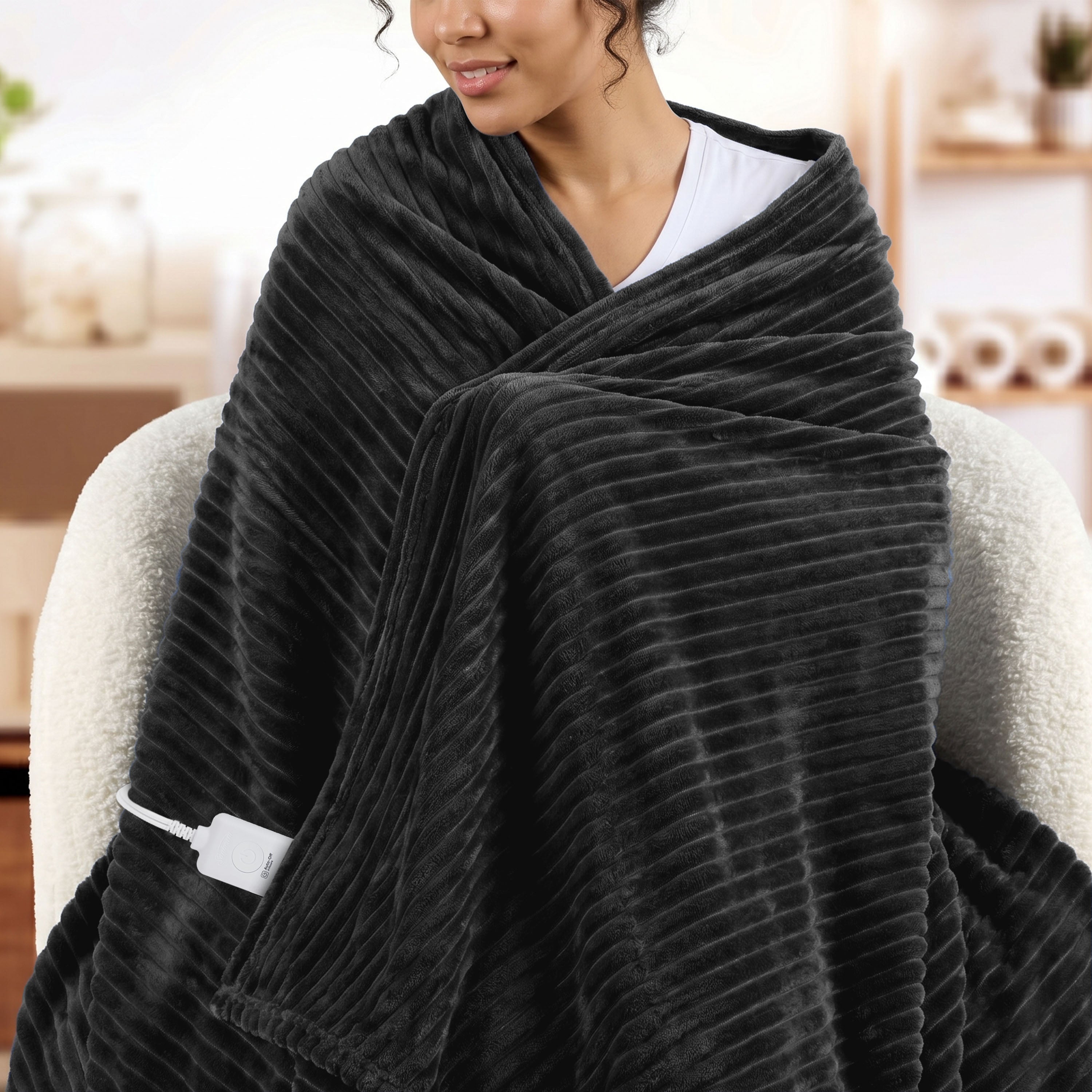 Sunbeam Heated Black Throw Blanket Textured Velvet 4 Heat Settings50x70