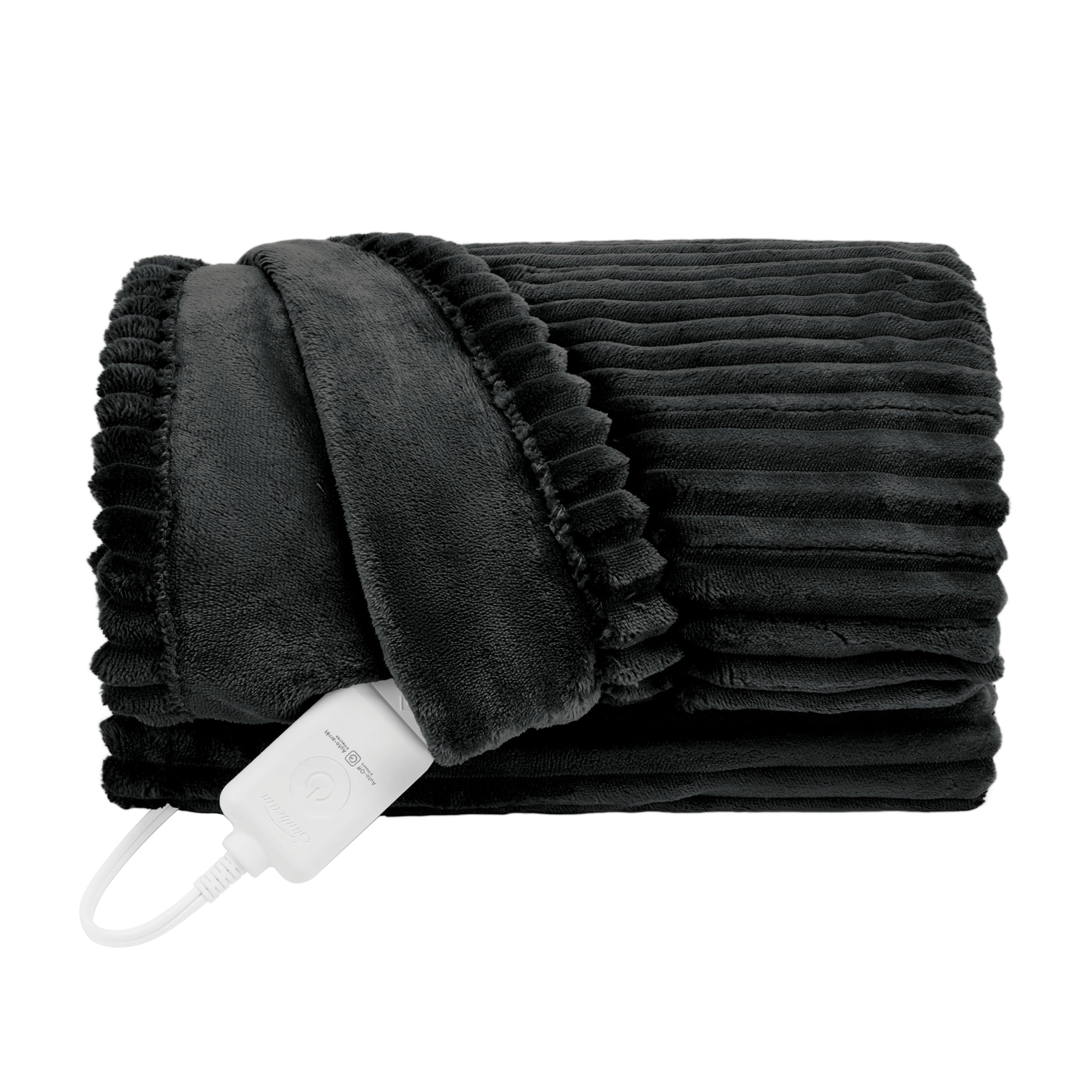 Sunbeam Heated Black Throw Blanket Textured Velvet 4 Heat Settings50x70