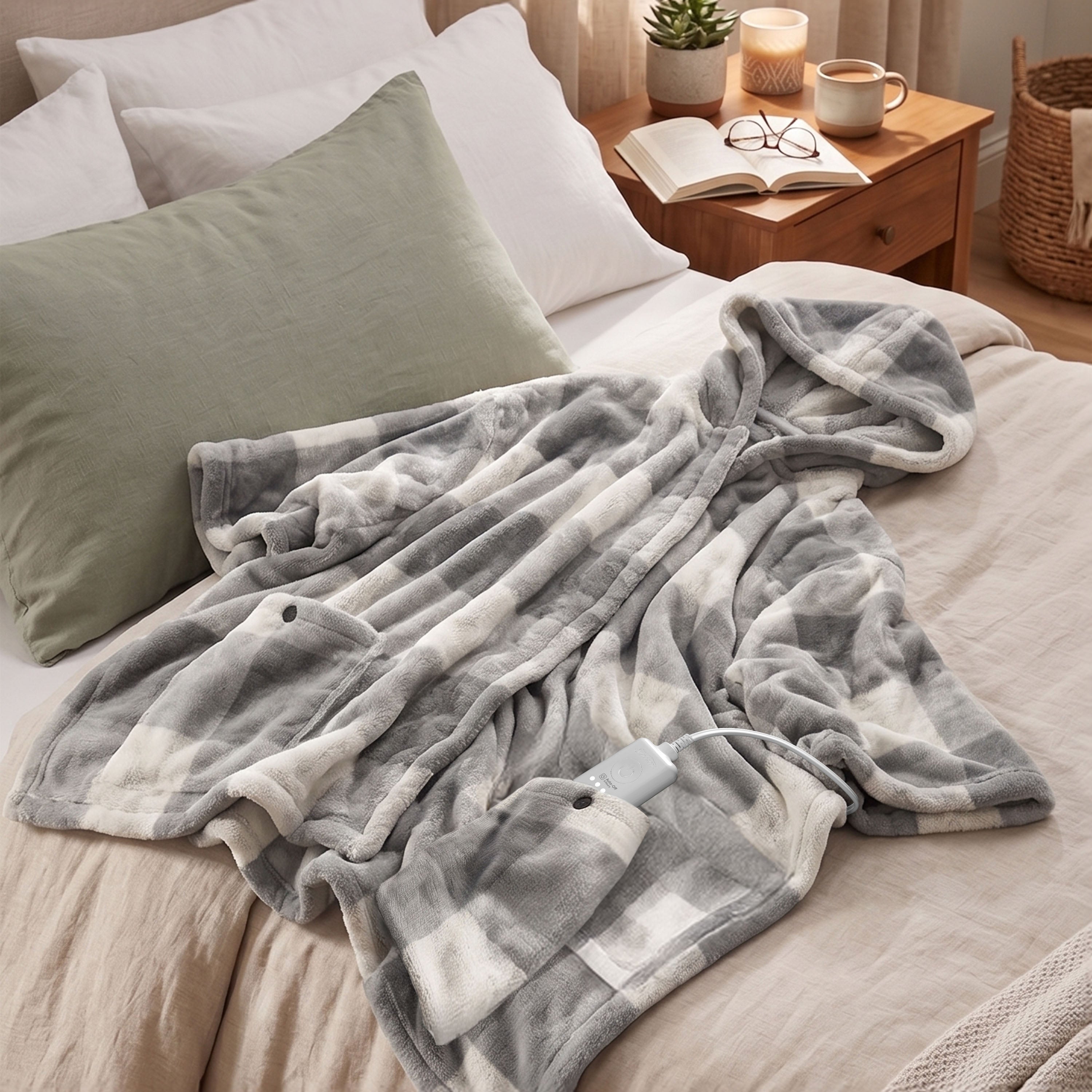 Sunbeam Heated Buffalo Gray Wearable Throw 4 Heat Settings 50x60