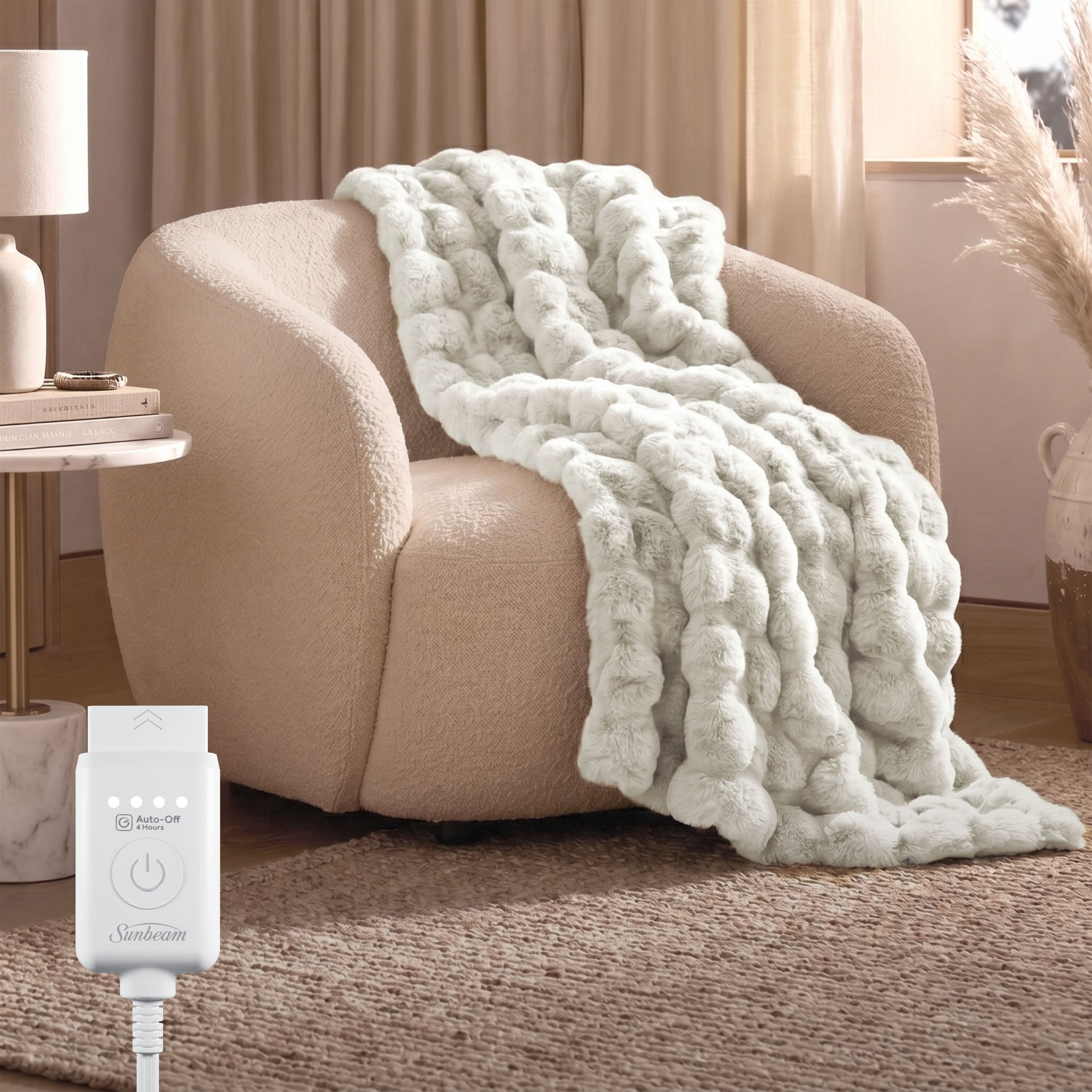 Sunbeam Heated Cream Throw Bubble Faux Fur Luxury Collection 4 Heat Settings 50x70