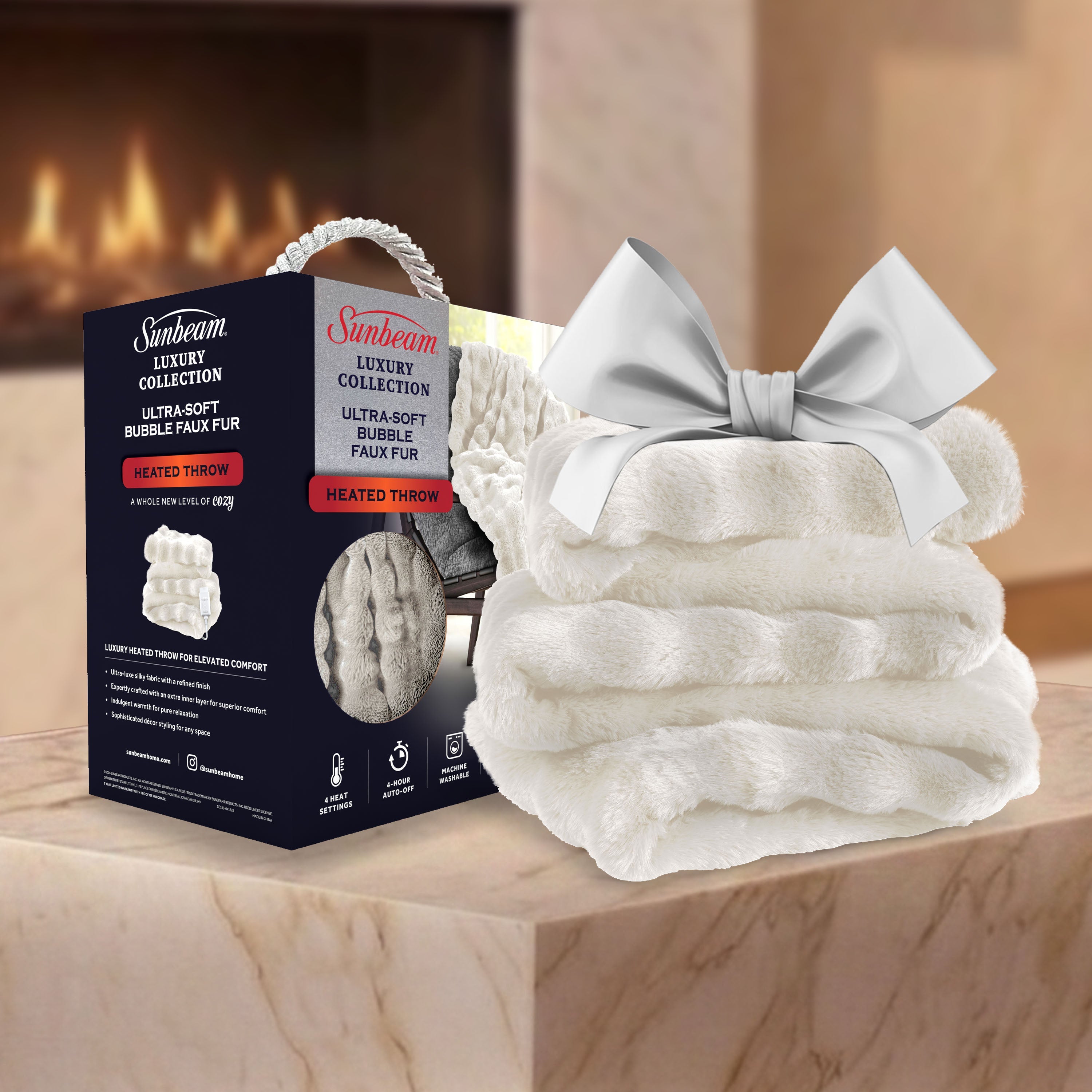Sunbeam Heated Cream Throw Bubble Faux Fur Luxury Collection 4 Heat Settings 50x70