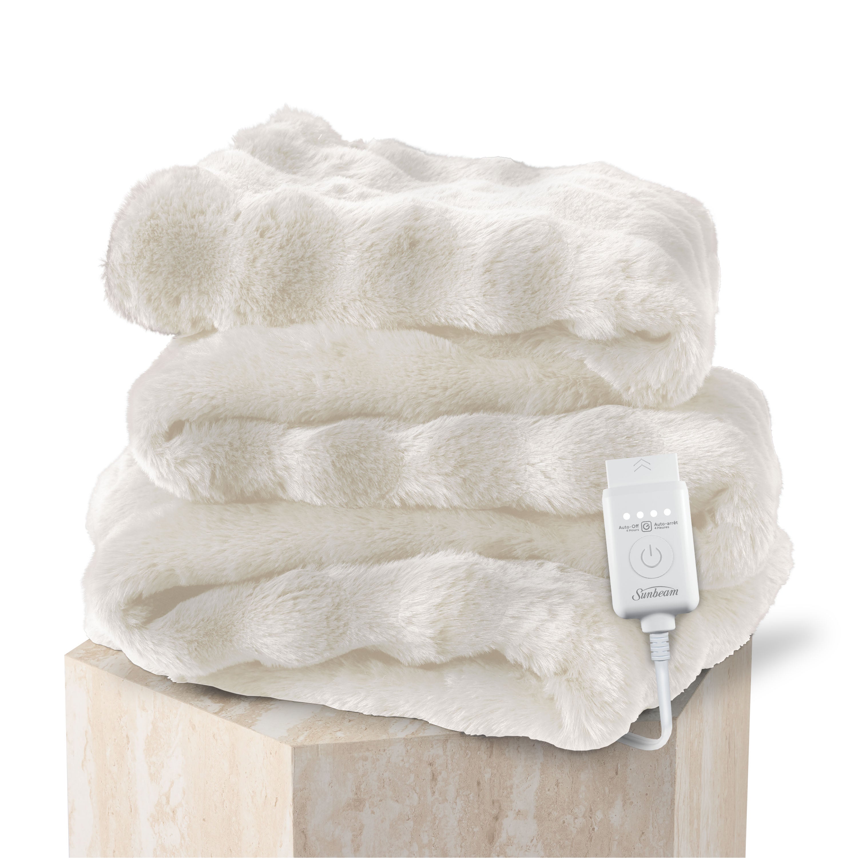 Sunbeam Heated Cream Throw Bubble Faux Fur Luxury Collection 4 Heat Settings 50x70