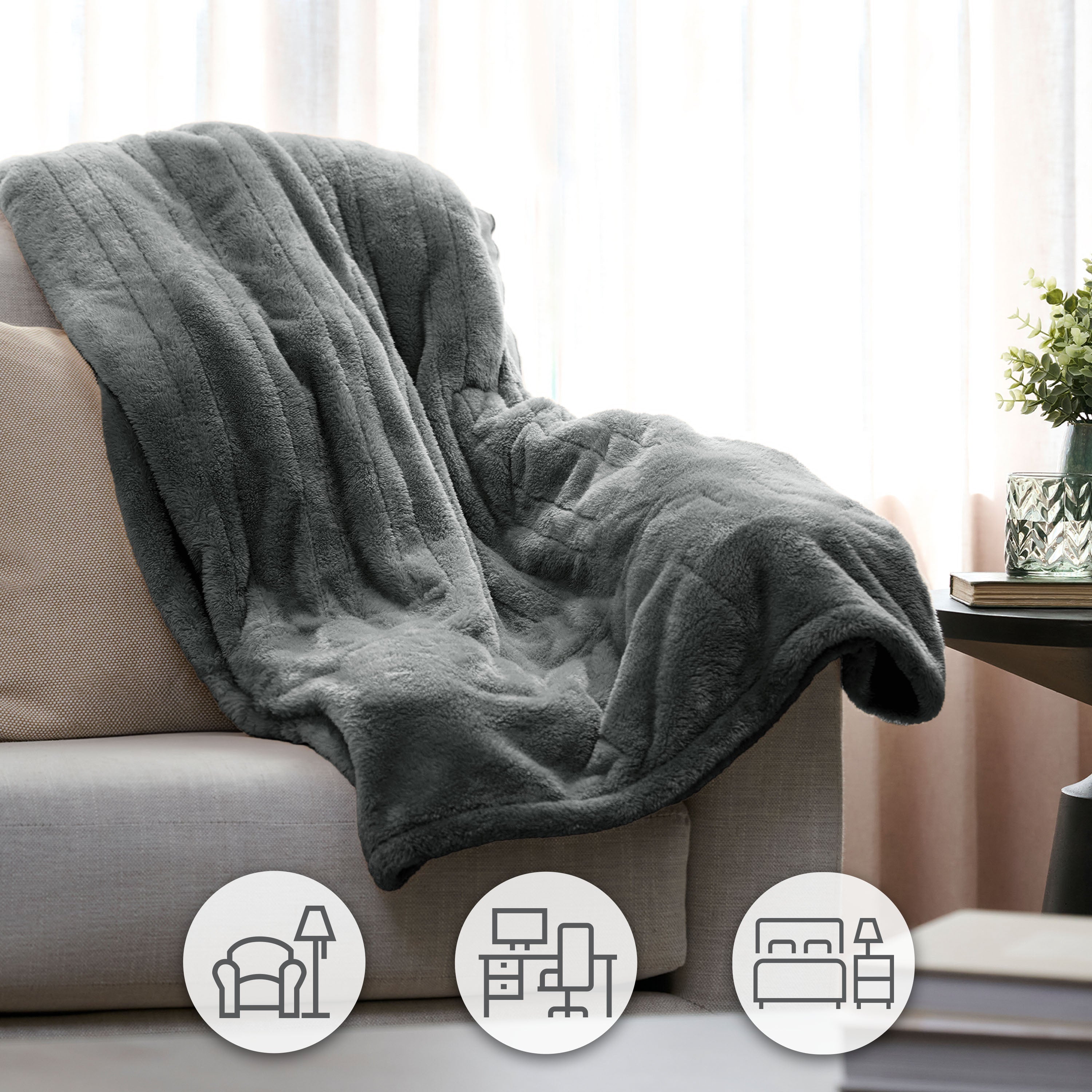 Sunbeam Heated Throw Blanket Arctic Plush Eco Quick Control 4 Heat Greystone 50x60