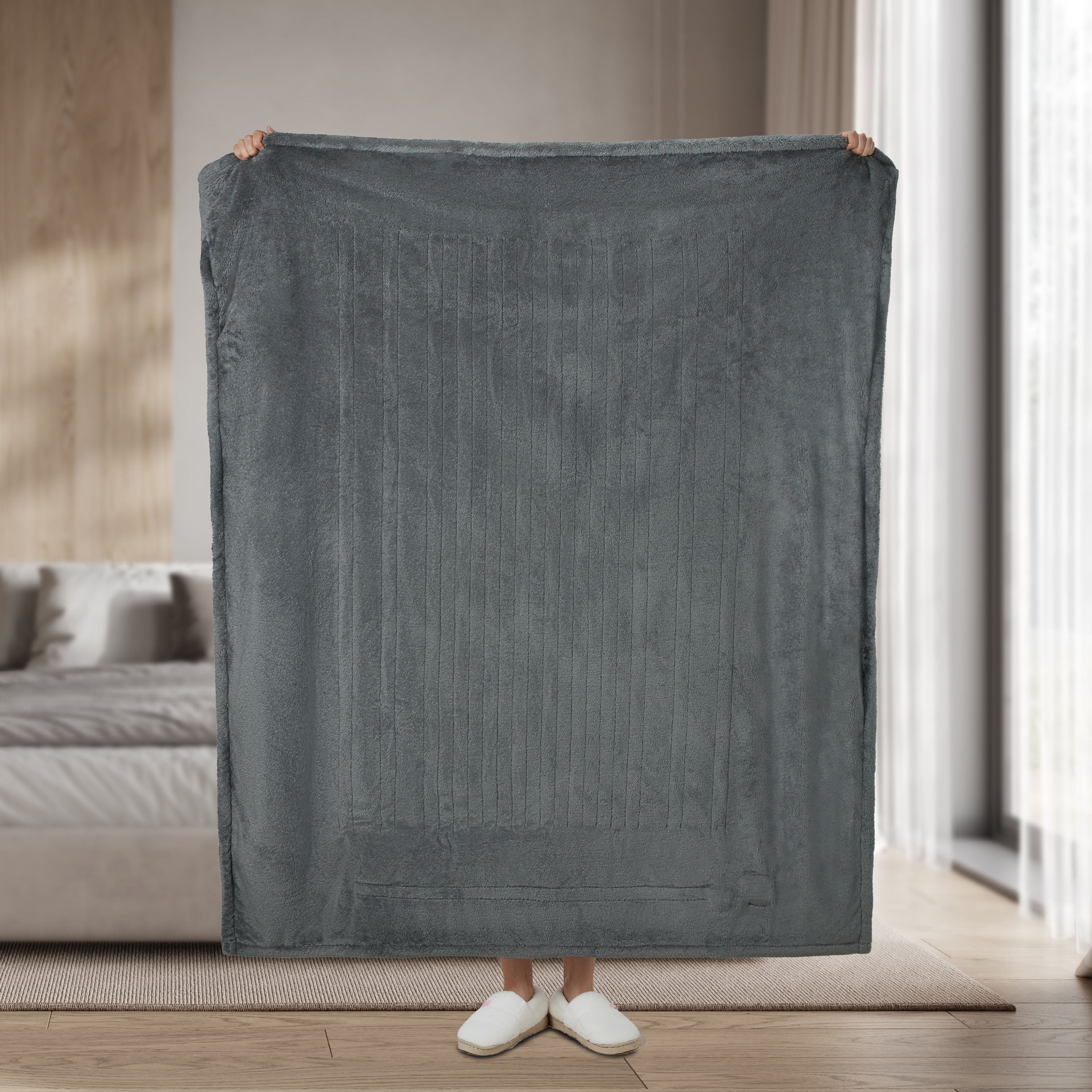 Sunbeam Heated Throw Blanket Arctic Plush Eco Quick Control 4 Heat Greystone 50x60