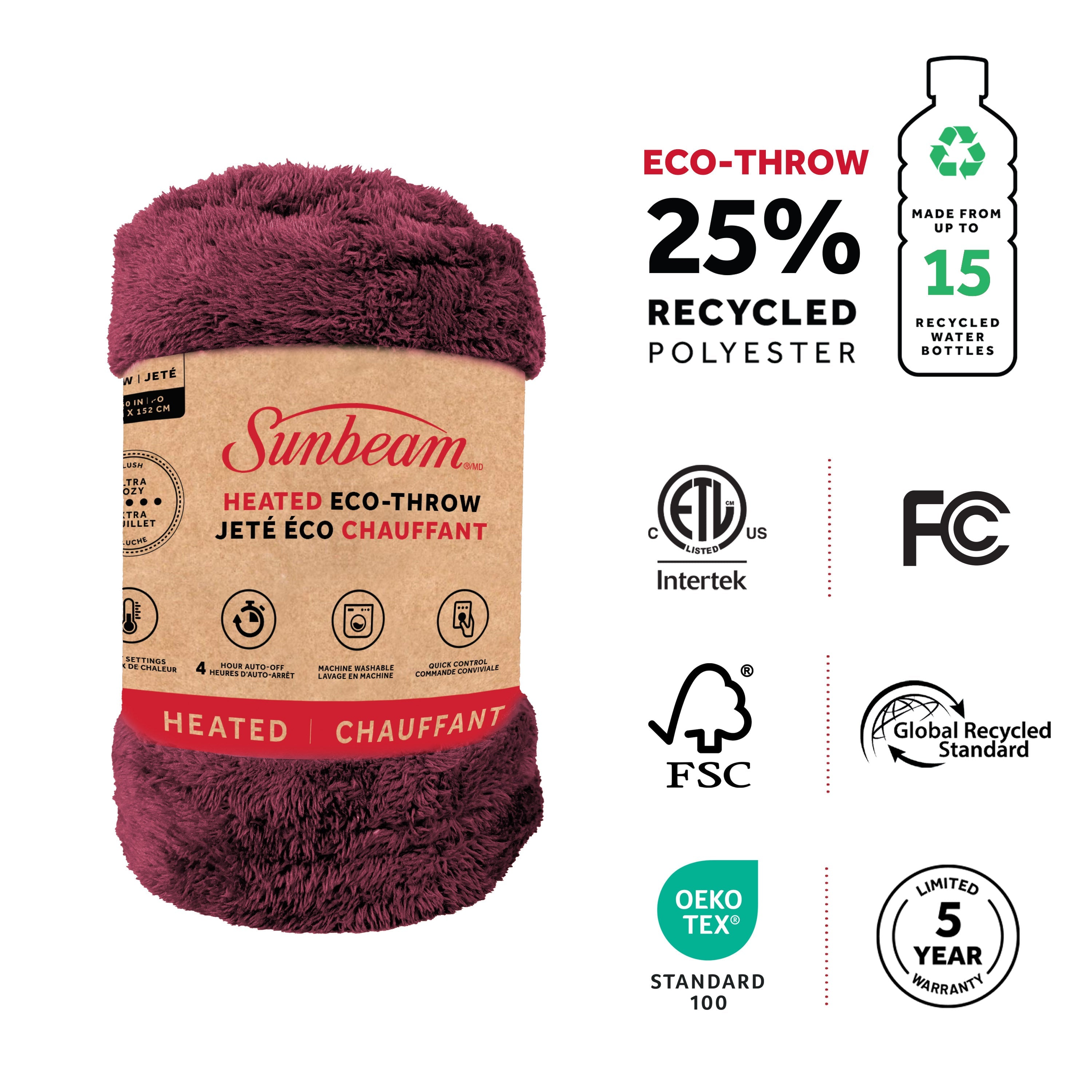 Sunbeam Heated Throw Blanket Arctic Plush Eco Quick Control 4 Heat Burgundy 50x60