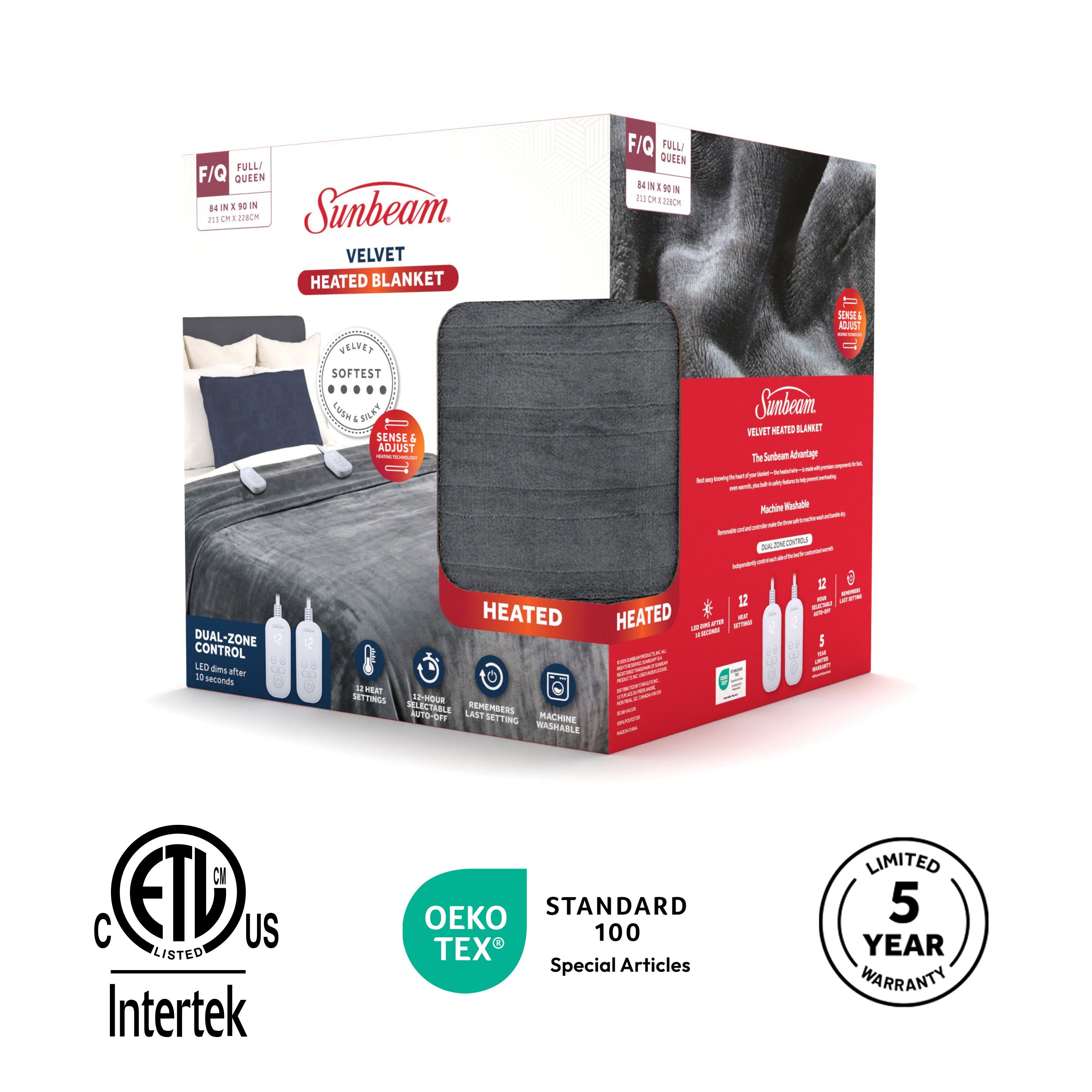 Sunbeam Heated Slate Gray Blanket Velvet 12 Heat Settings Full/