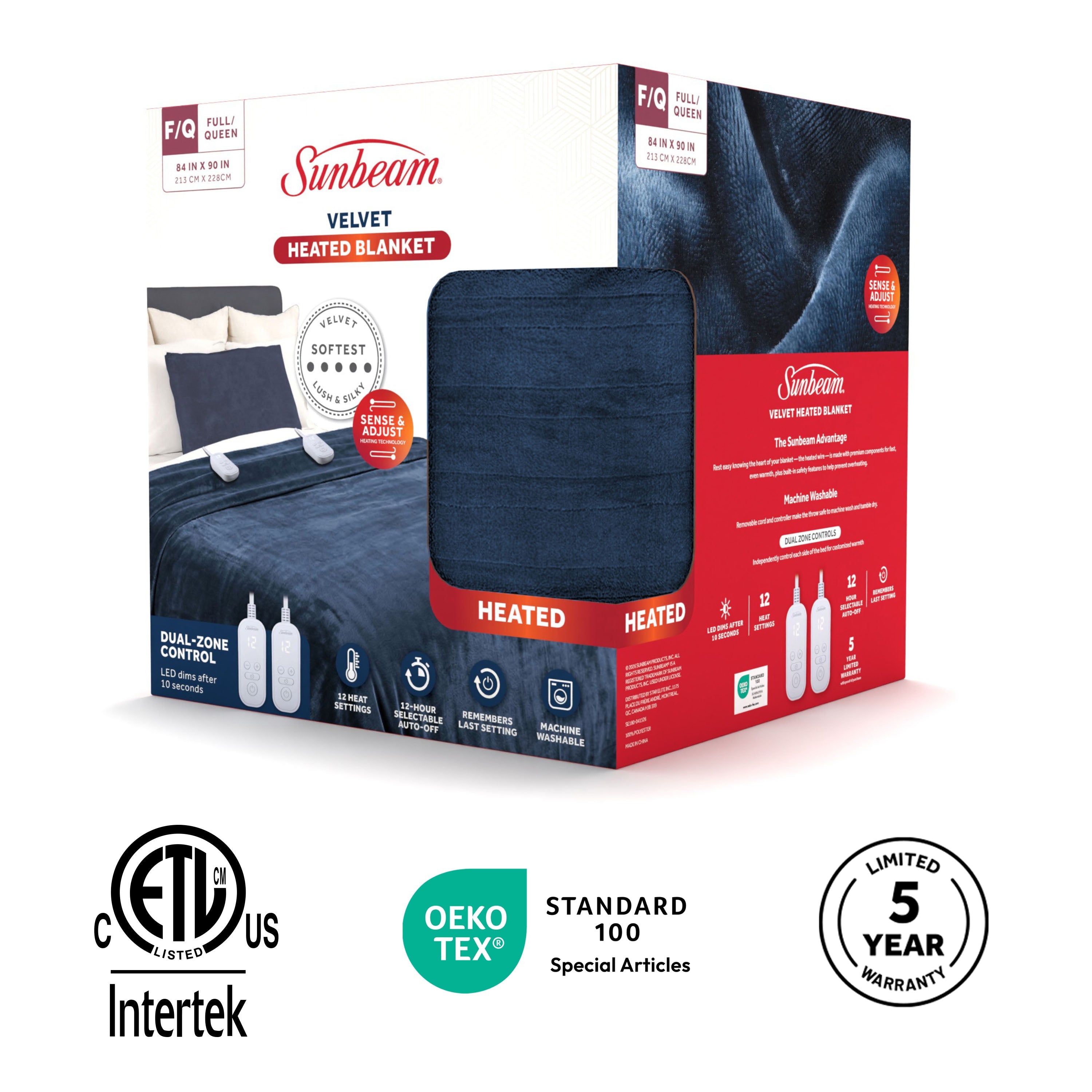 Sunbeam Heated Big Blue Blanket Velvet 12 Heat Settings Full/