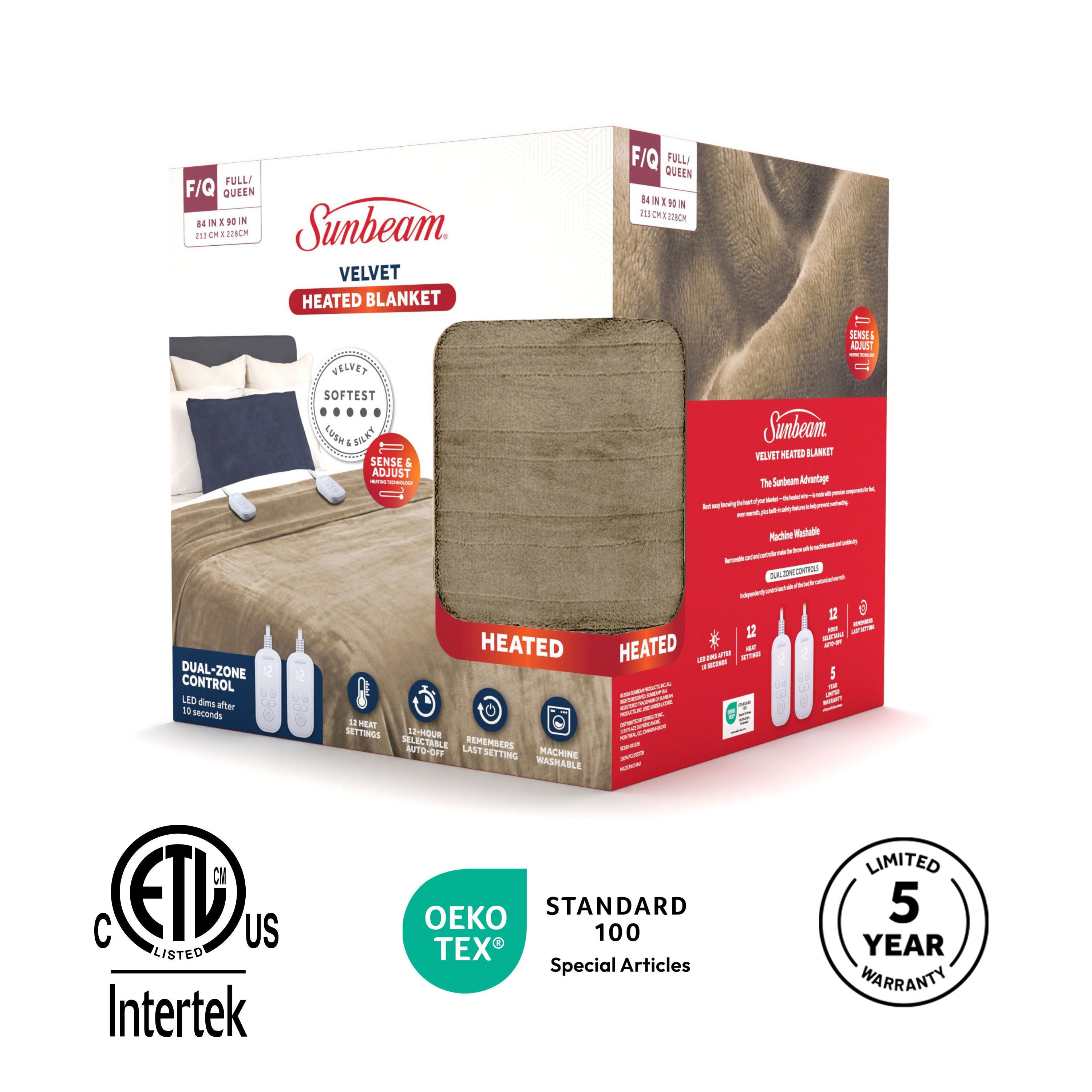 Sunbeam Heated Taupe Blanket Velvet 12 Heat Settings Full/